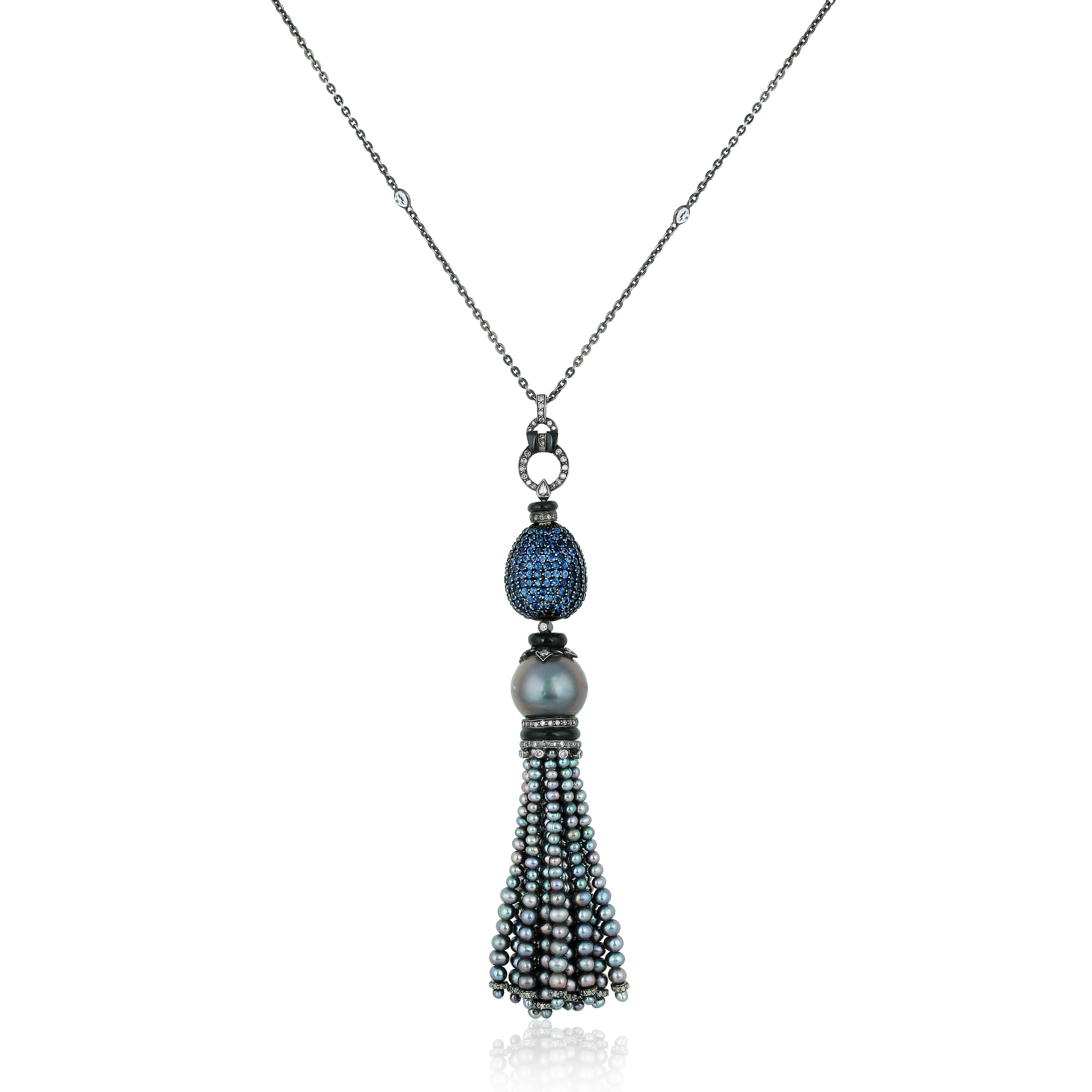 Round Cut 16 Ct T.W. Sapphire and Diamond Victorian Tassel Necklace with Pearls in 18k/925 For Sale