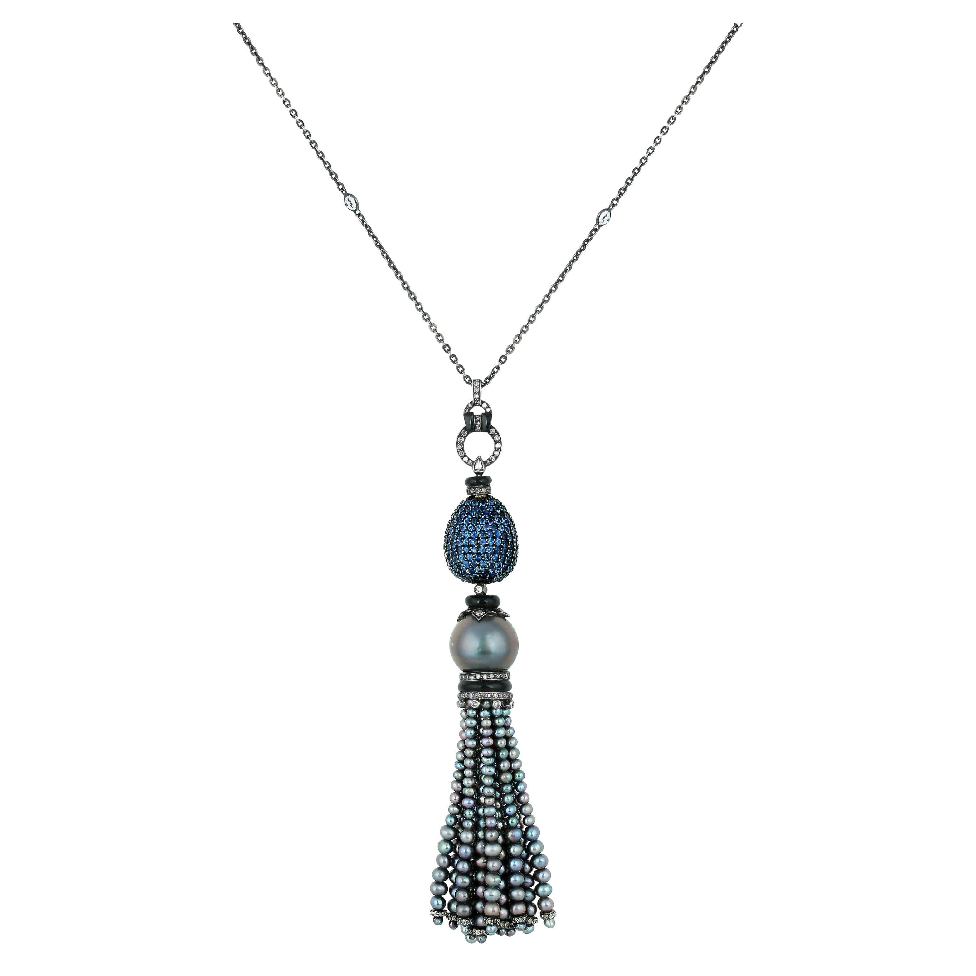 16 Ct T.W. Sapphire and Diamond Victorian Tassel Necklace with Pearls in 18k/925 For Sale