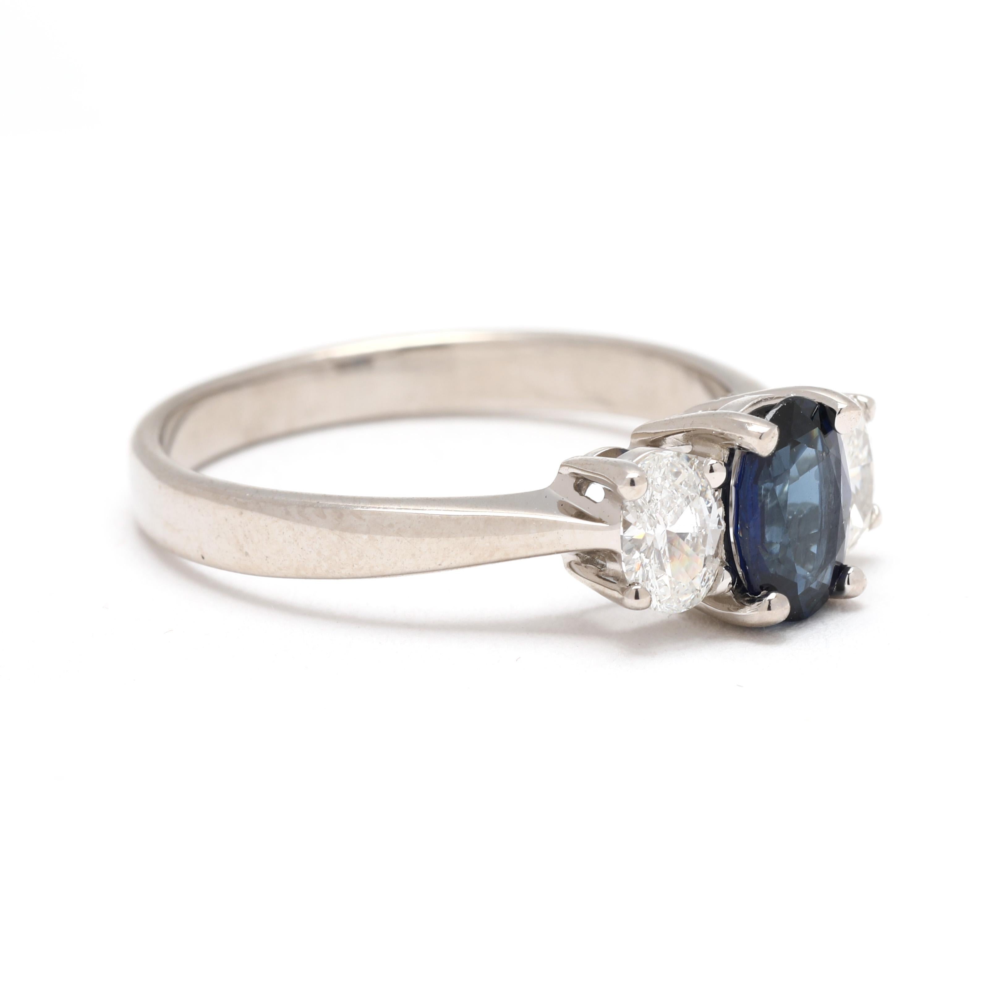 Pierres :
saphir, 1 pierre
ovale
6,8 x 5 mm
environ 1 carat total
diamant, 2 pierres
ovale
5 x 3.5 mm
environ .60 carats au total
Couleur HI/ Clarté SI2 - I1

Taille de l'anneau 7.25

Hauteur du doigt : 5.8 mm

Largeur de la bande : 2.6 mm

Poids :