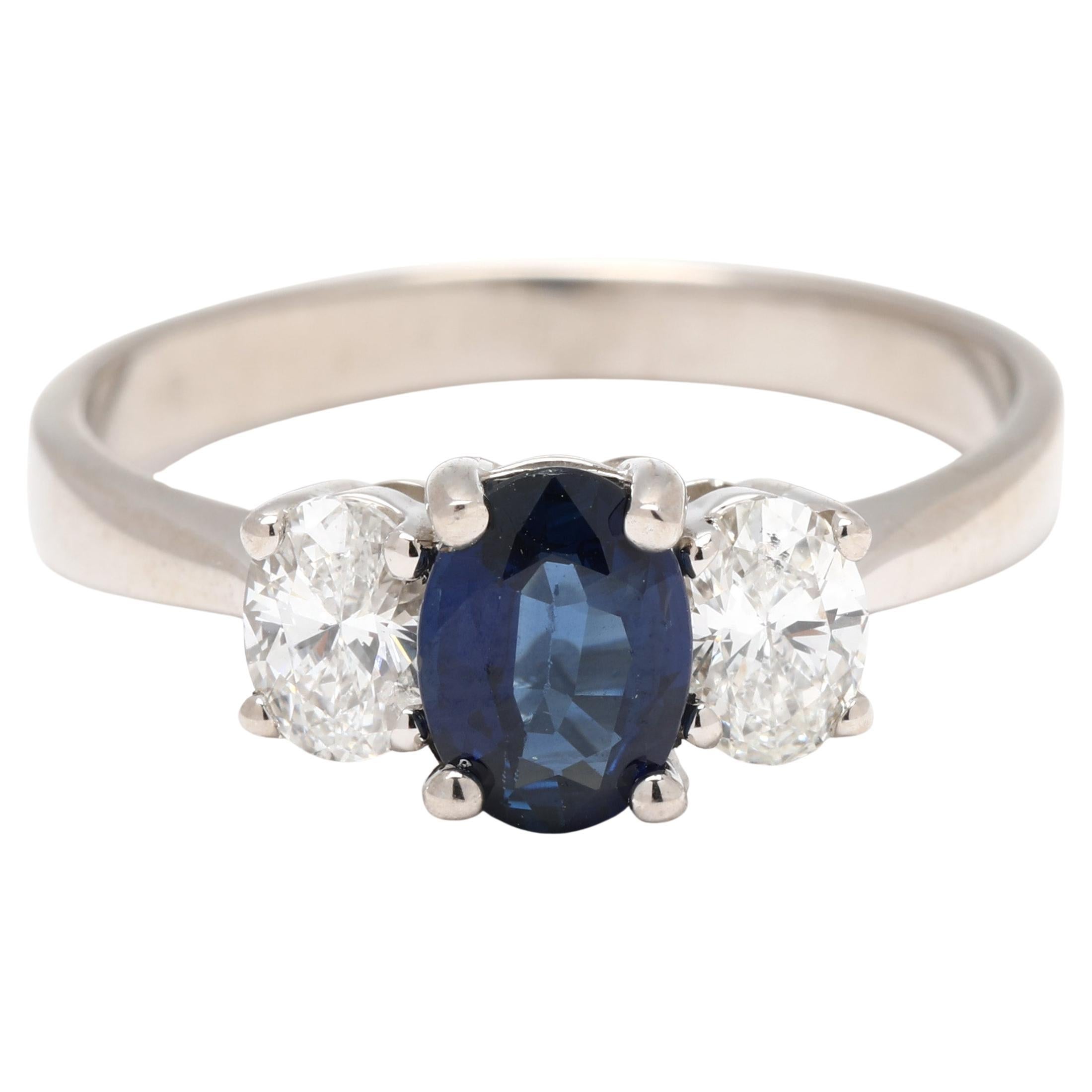 Bague à trois pierres en or blanc 18 carats avec diamants et saphirs 1,6 ctw, taille 7,25