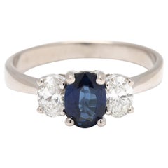 Bague à trois pierres en or blanc 18 carats avec diamants et saphirs 1,6 ctw, taille 7,25