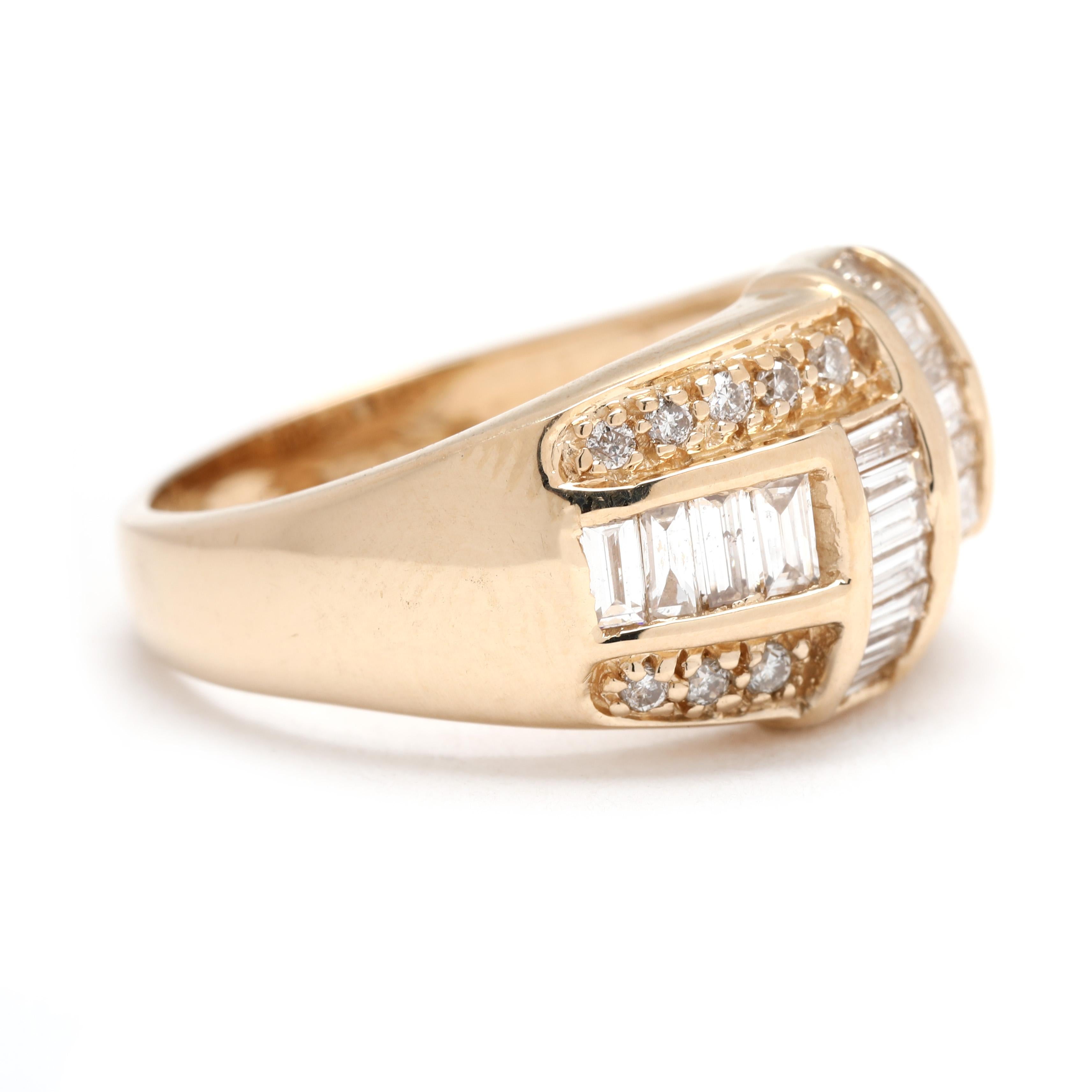 Piedras:
diamante
baguette cónica
3 x 1.25 mm - 14 - .77
3.25 x 1.75 - 8 - .64
aproximadamente 1,44 quilates en total
talla brillante redonda, 16
1.3 mm - 16
aproximadamente 0,16 quilates en total
Color GH / Claridad SI1-I1

Anillo talla