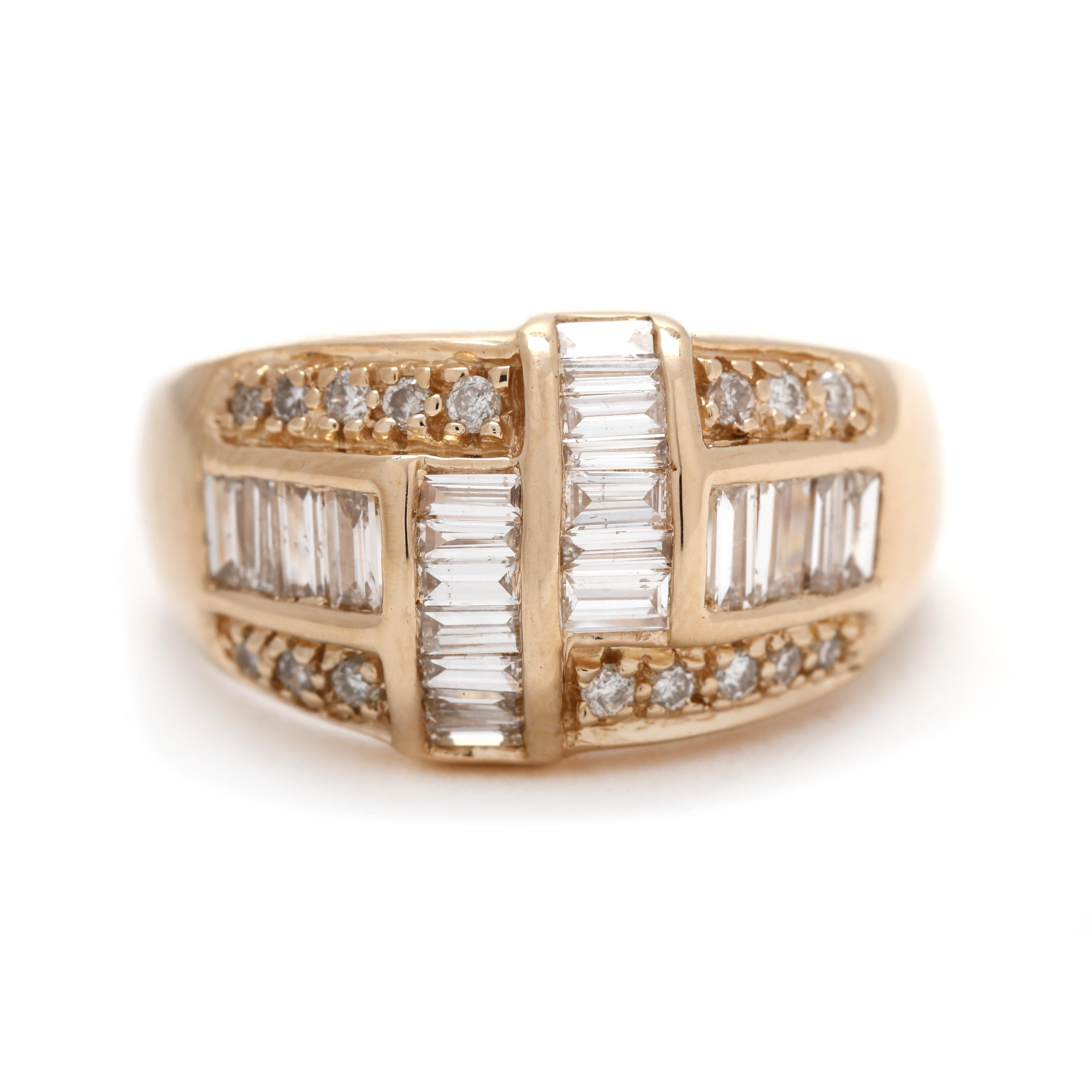 Anello a cupola con diamante Baguette da 1,6 carati, oro giallo 14k, misura 6,75