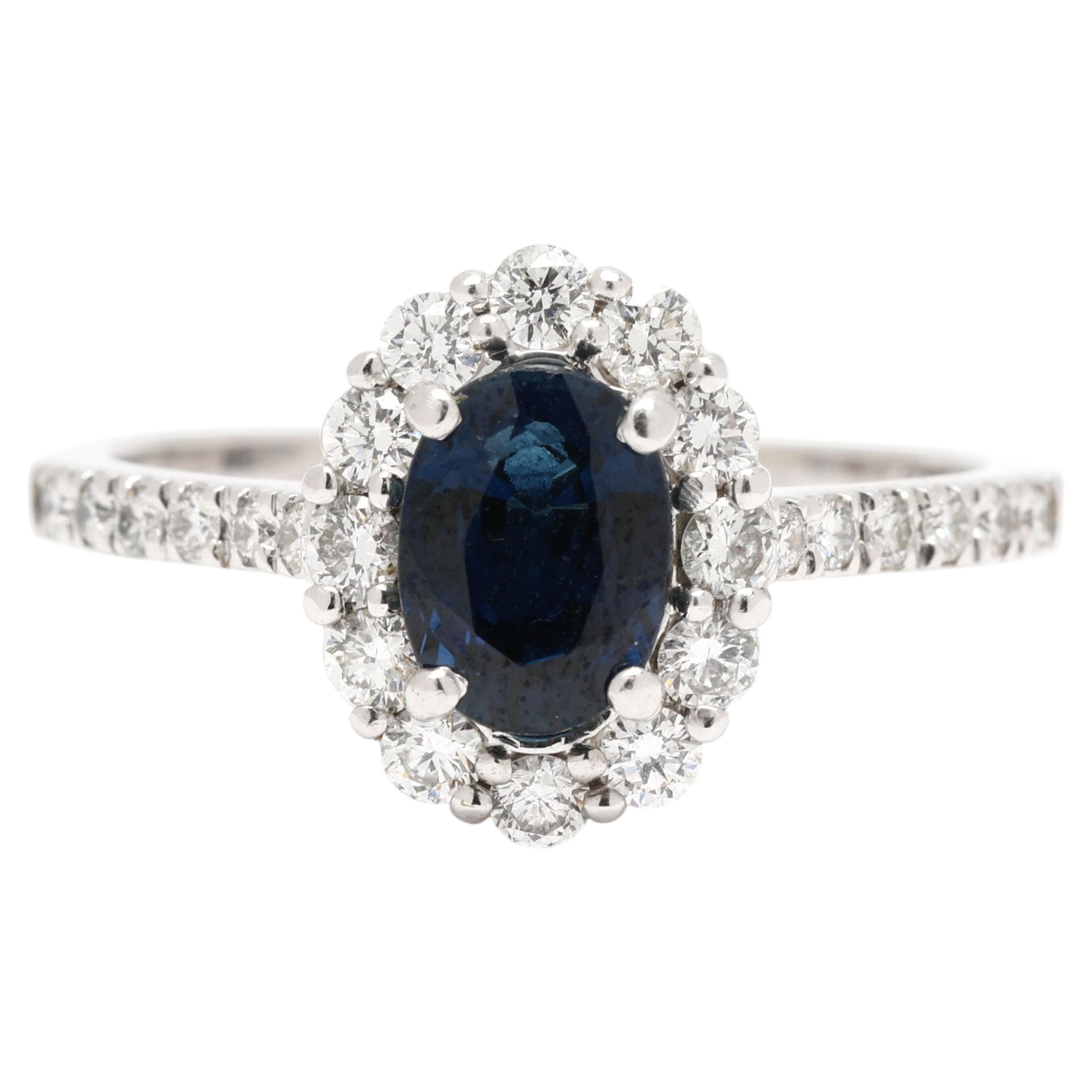 Anello da cocktail con diamanti e zaffiri da 1,6 carati, oro bianco 14k, misura 6,75