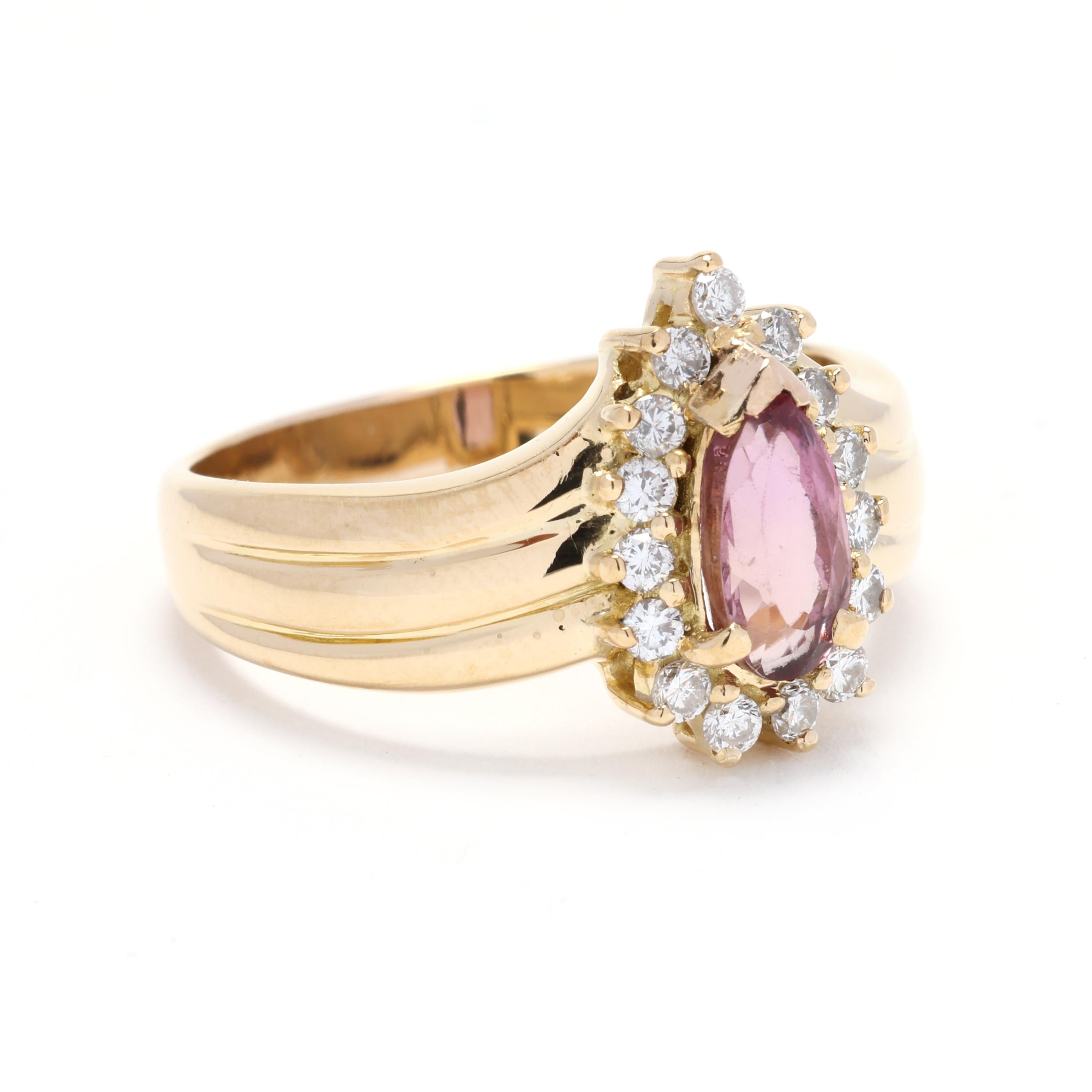 Add a touch of glamour to your jewelry collection with this 1.6 carat pink tourmaline and diamond halo ring. Crafted in 18k yellow gold, this stunning ring features a oval-cut pink tourmaline as the centerpiece. The pink tourmaline is surrounded by