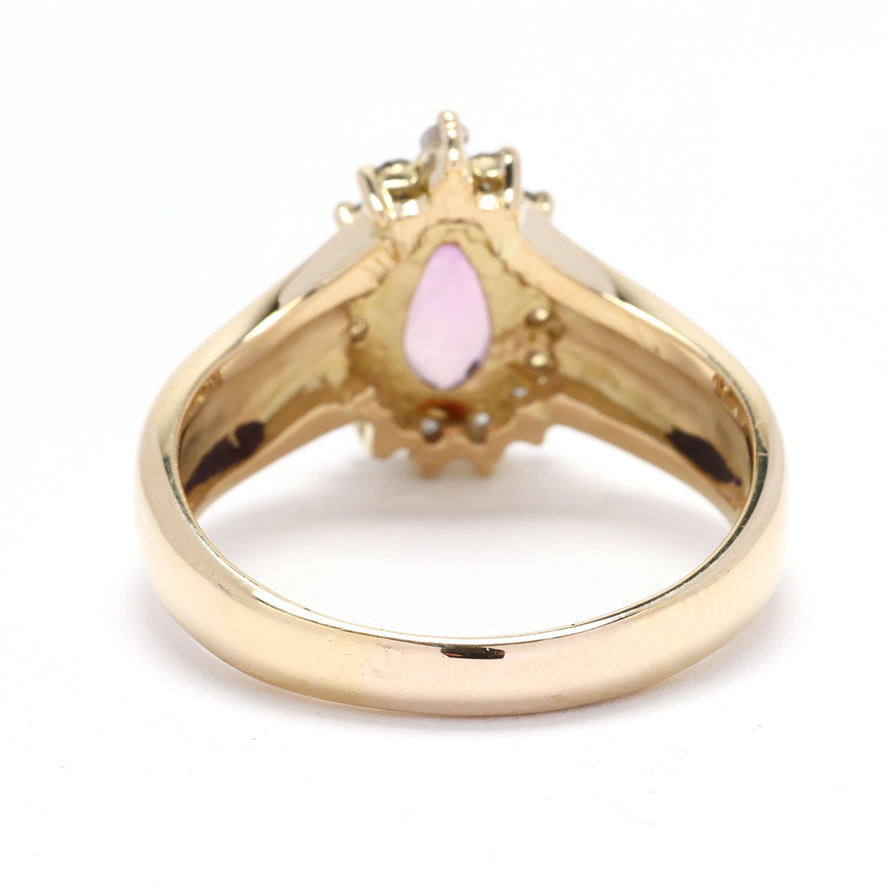 Pear Cut 1.6ctw Pink Tourmaline and Diamond Halo Ring, 18k Yellow Gold, Ring Size 8 For Sale