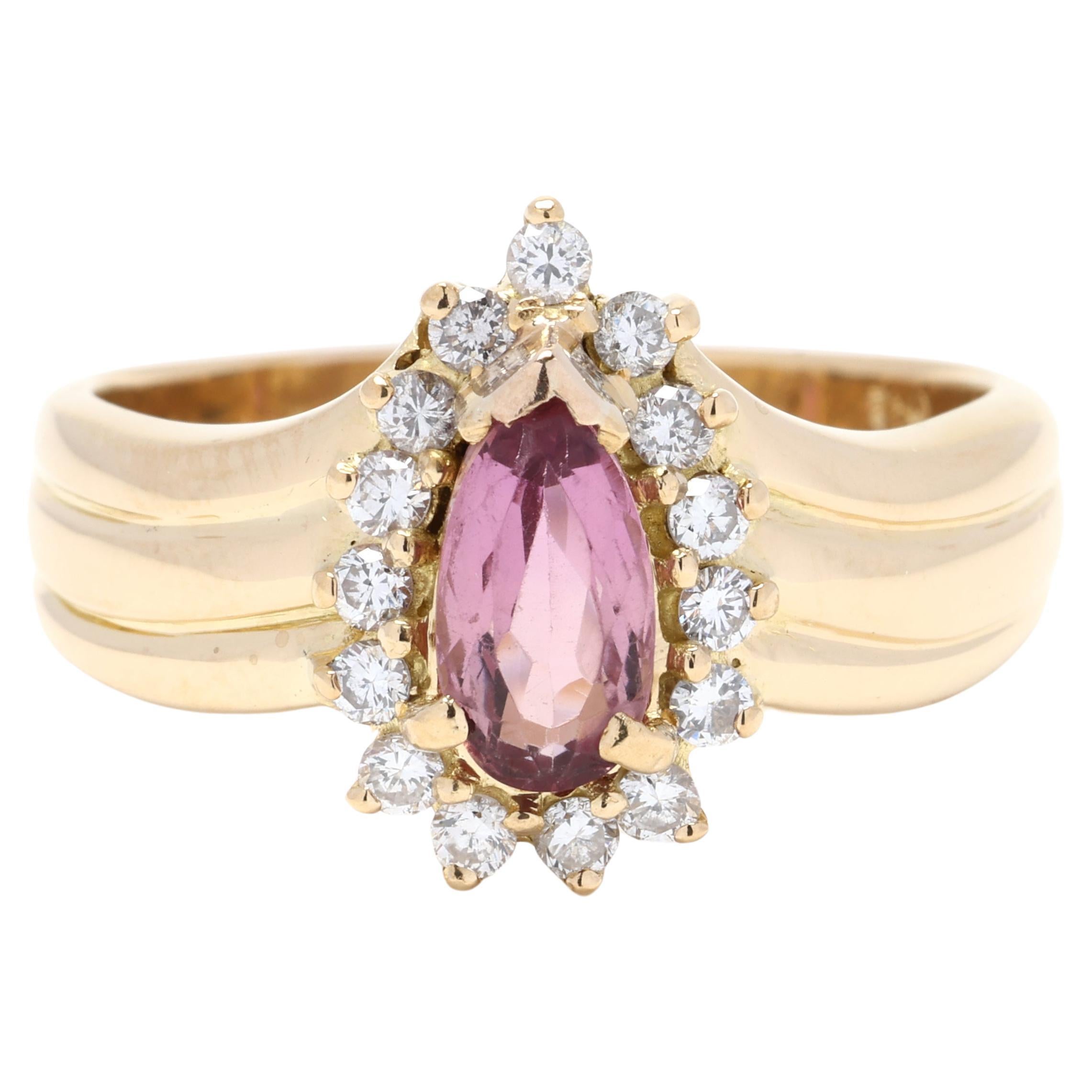 1.6ctw Pink Tourmaline and Diamond Halo Ring, 18k Yellow Gold, Ring Size 8 For Sale