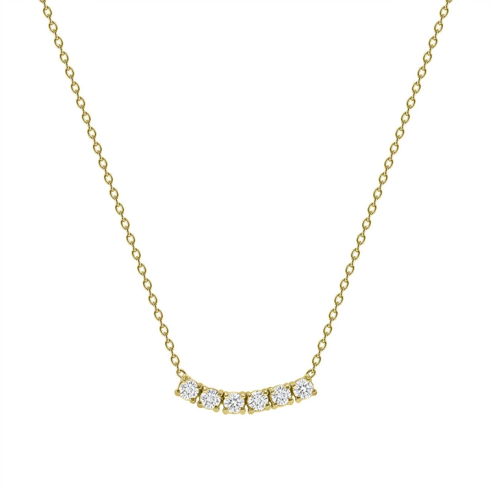 This petite, curved diamond necklace is crafted with gorgeous 14k gold set with six round diamonds.  

Gold: 14k 
Diamond Total Carats: 0.75 ct
Diamond Cut: Round (6 diamonds)
Diamond Clarity: VS
Diamond Color: F
Color: Yellow Gold
Necklace Length: