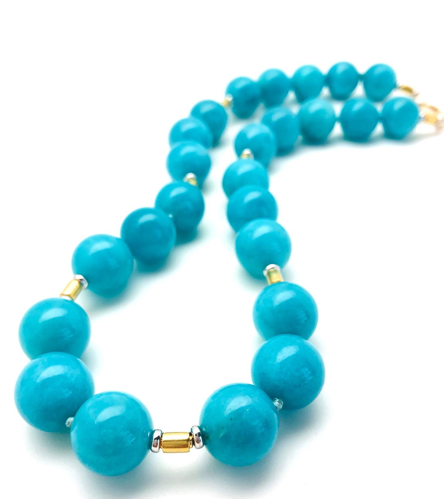 Big and bold and beautiful are words to describe this exceptional amazonite bead necklace. They are a bright, 