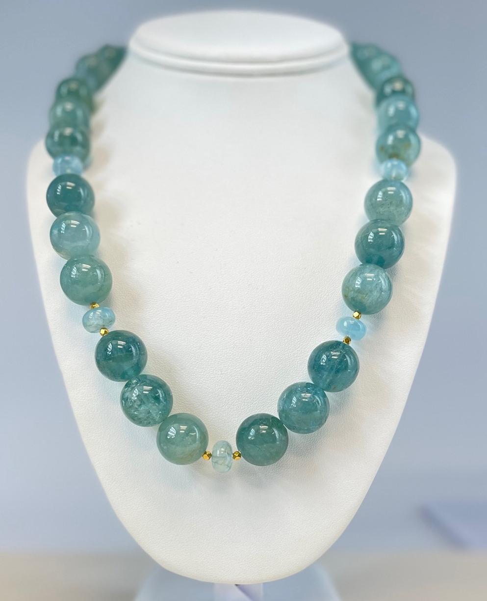 16mm Aquamarine Beaded Necklace with 18K Gold Accents and Clasp, 21