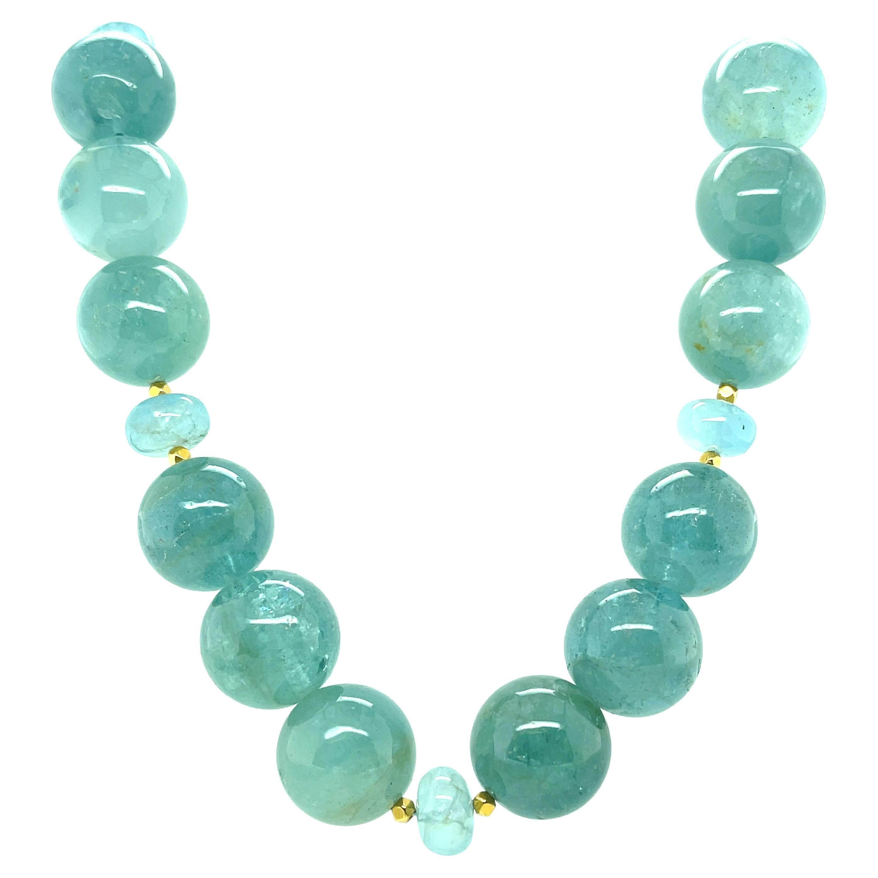 16mm Aquamarine Beaded Necklace with 18K Gold Accents and Clasp, 21 ...