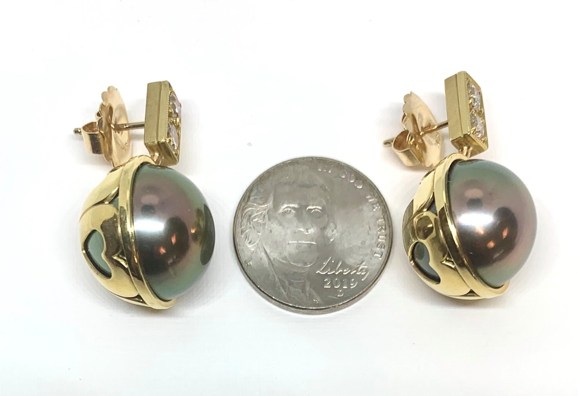 16mm Bronze South Sea Pearl and Diamond 18k Yellow Gold Post Earrings 1