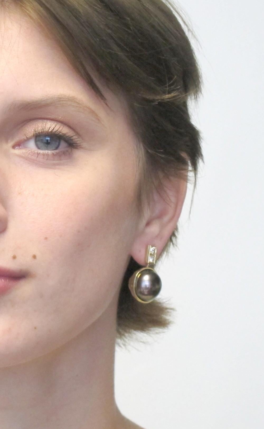 Artisan 16mm Bronze South Sea Pearl and Diamond 18k Yellow Gold Post Earrings