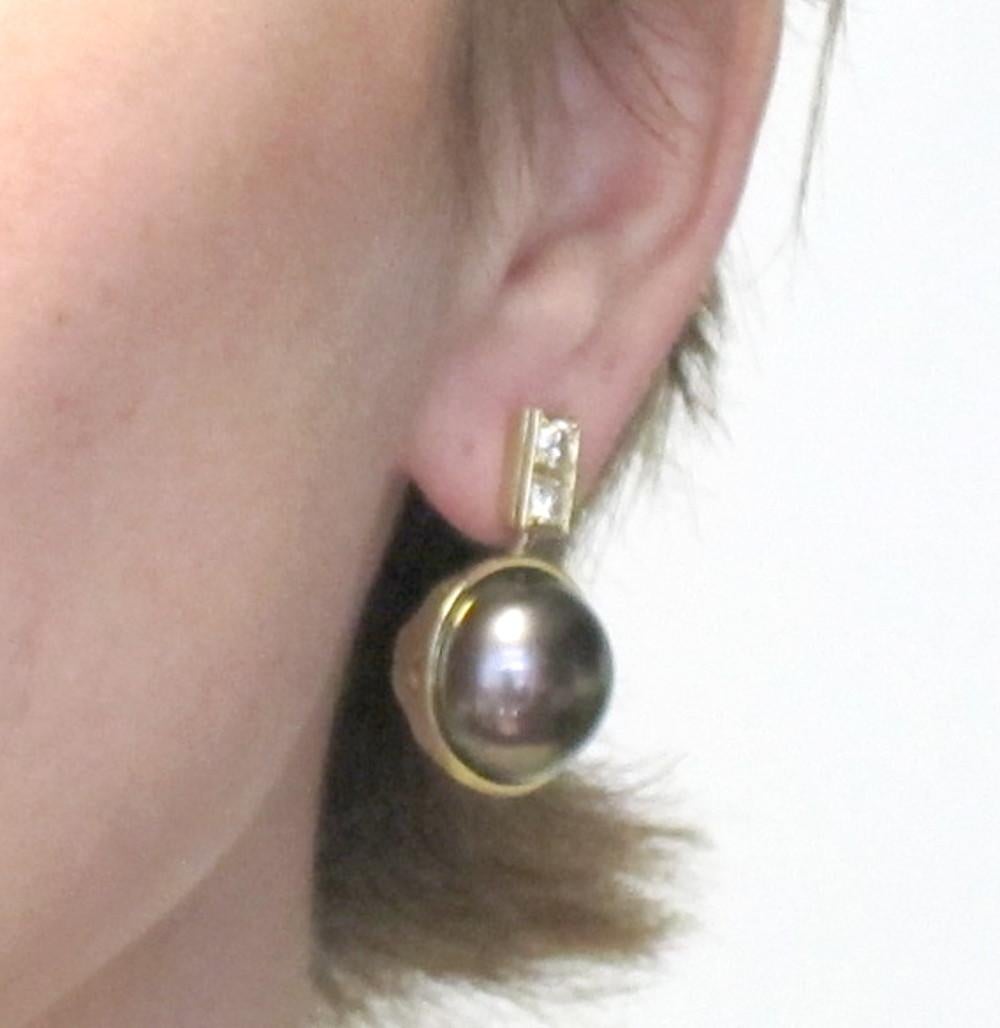 Round Cut 16mm Bronze South Sea Pearl and Diamond 18k Yellow Gold Post Earrings