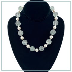16mm Faceted Aquamarine, Freshwater Pearl and Sterling Silver Necklace