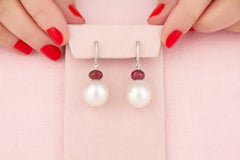 16mm Pearl Diamond Ruby Drop Earrings Hoop Design by Ella Gafter