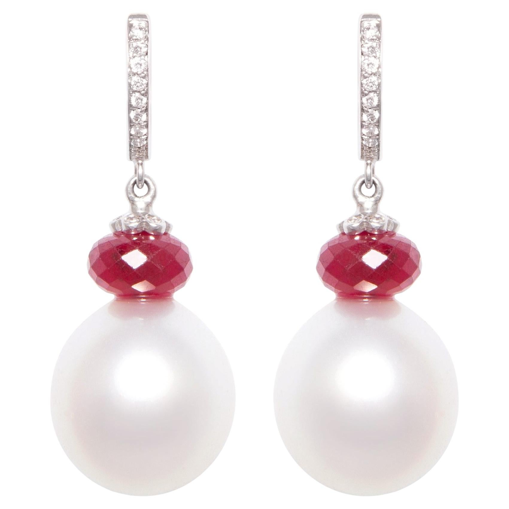 16mm Pearl Diamond Ruby Drop Earrings Hoop Design by Ella Gafter For Sale