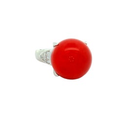 16mm Red Coral Diamond Platinum Cocktail Ring