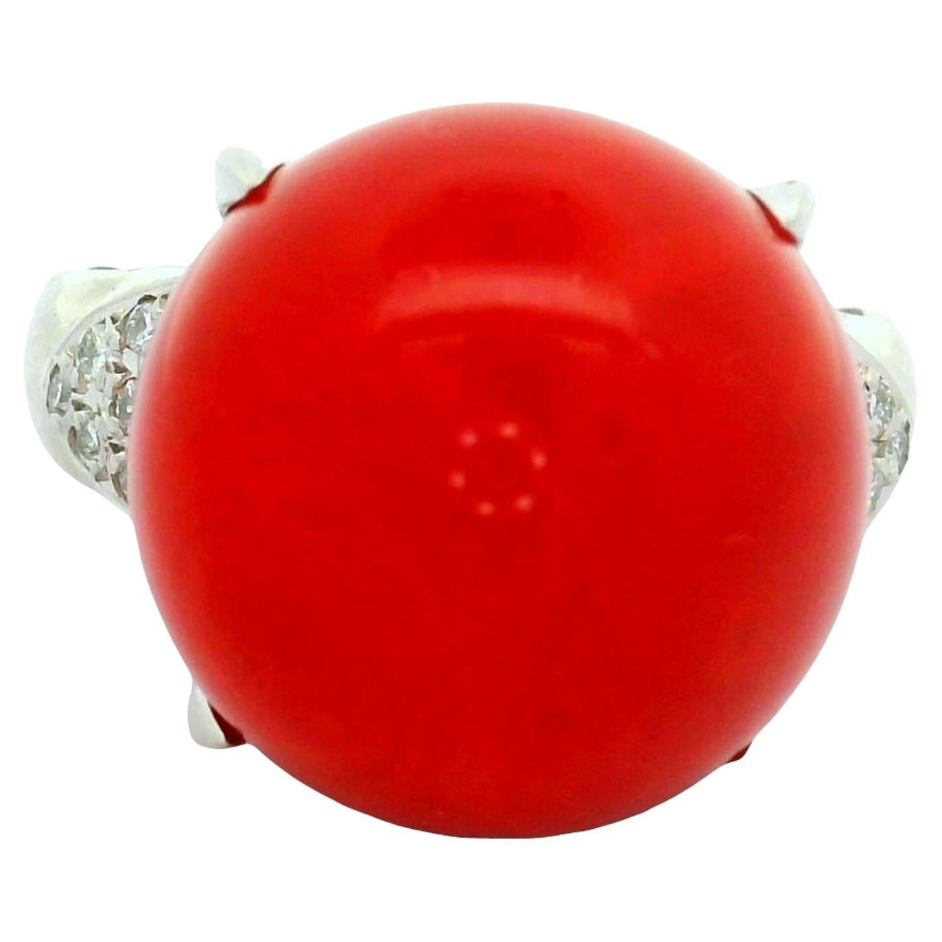 16mm Red Coral Diamond Platinum Cocktail Ring