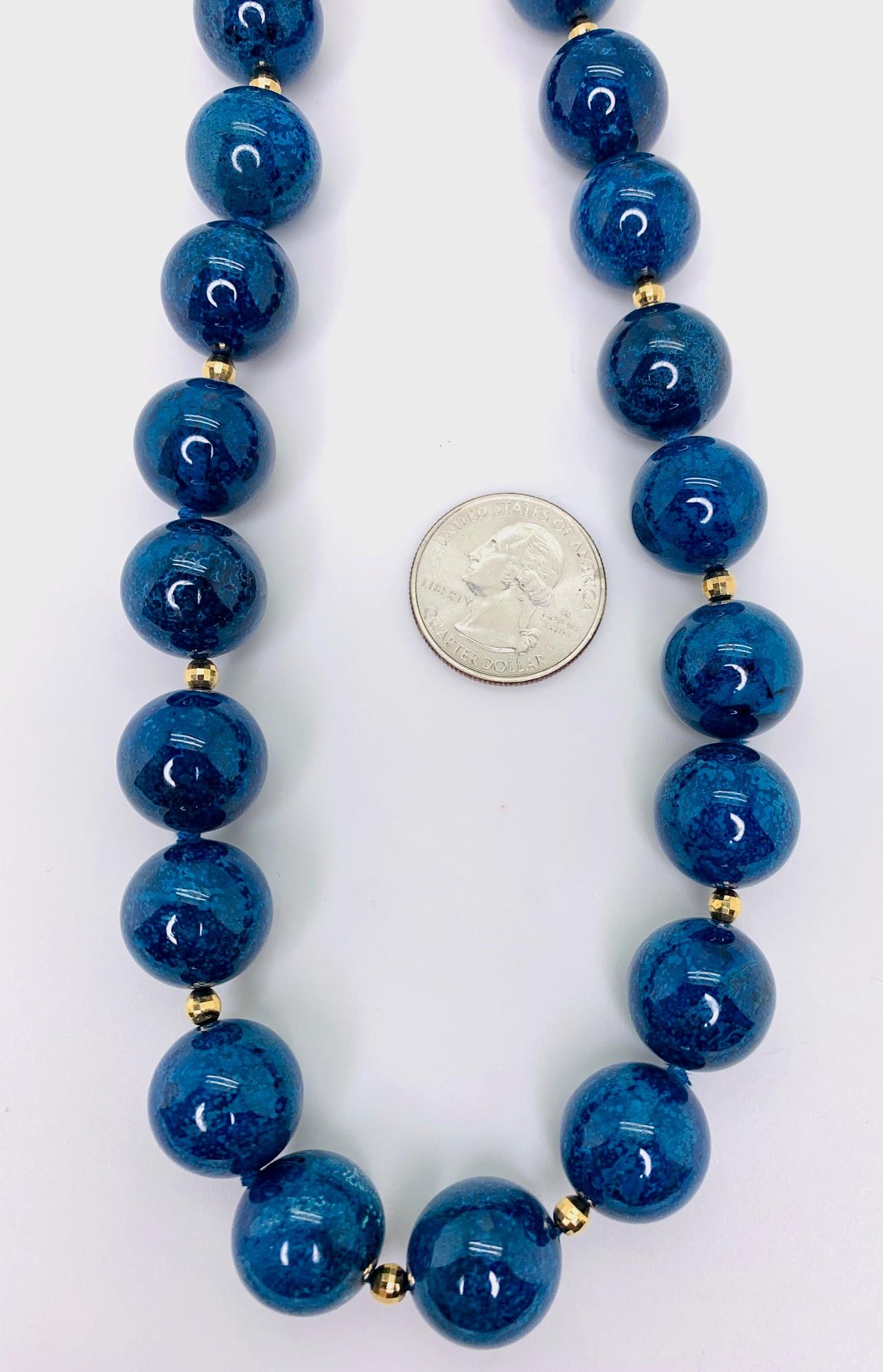 Round Chrysocolla Bead Necklace with Yellow Gold, 202 Grams In New Condition In Los Angeles, CA