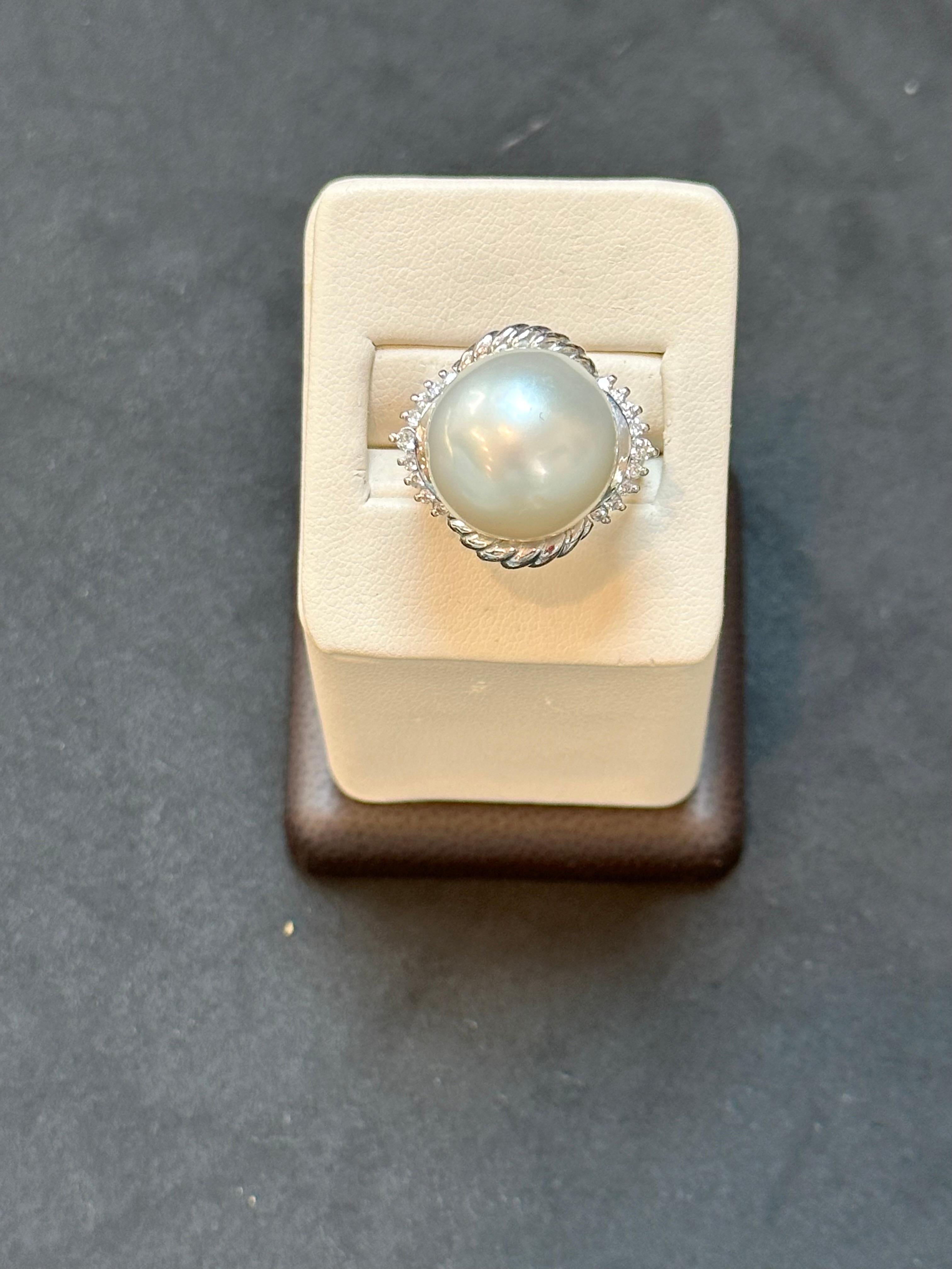16MM  Round White South Sea Pearl Diamond Platinum Halo Sunburst Ring For Sale 5