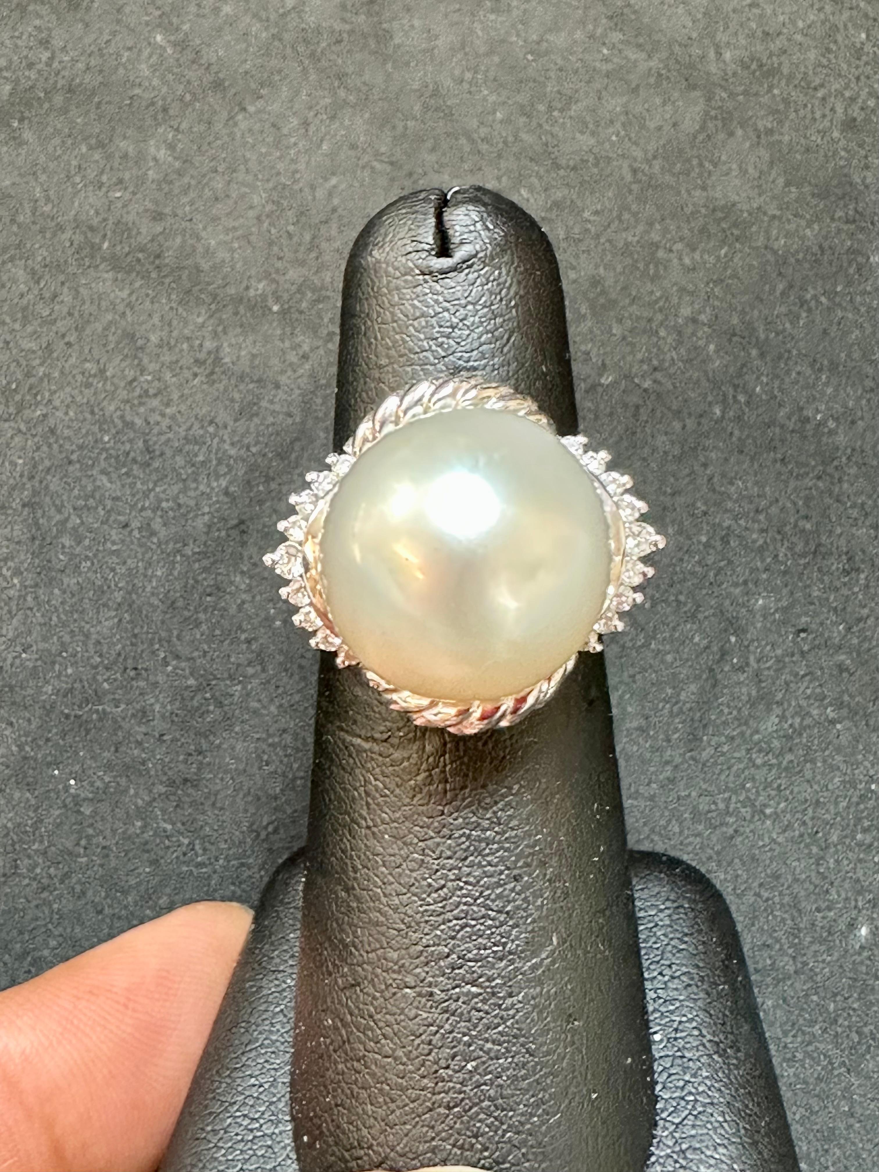 16MM  Round White South Sea Pearl Diamond Platinum Halo Sunburst Ring For Sale 7
