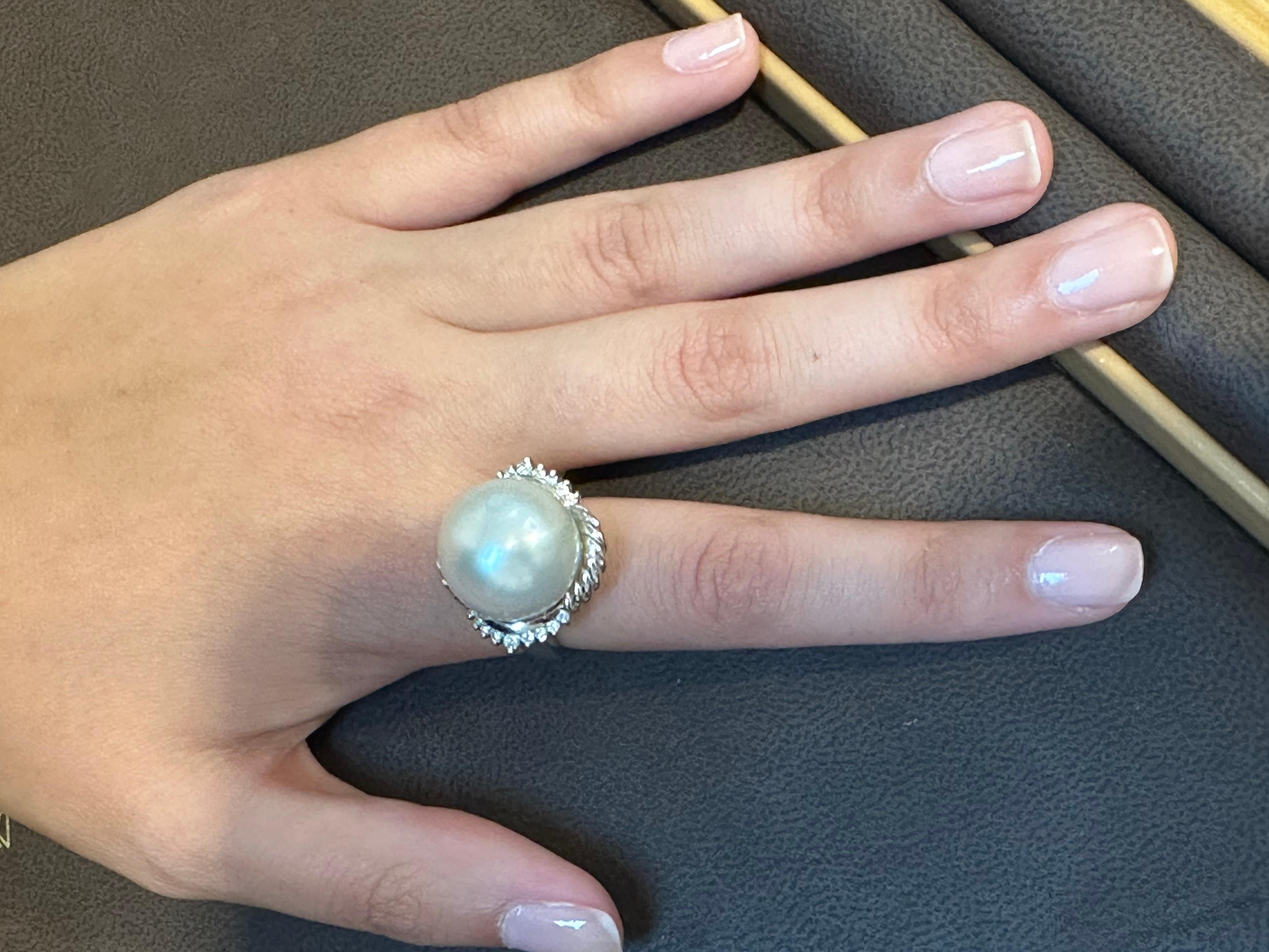 16MM  Round White South Sea Pearl Diamond Platinum Halo Sunburst Ring For Sale 11