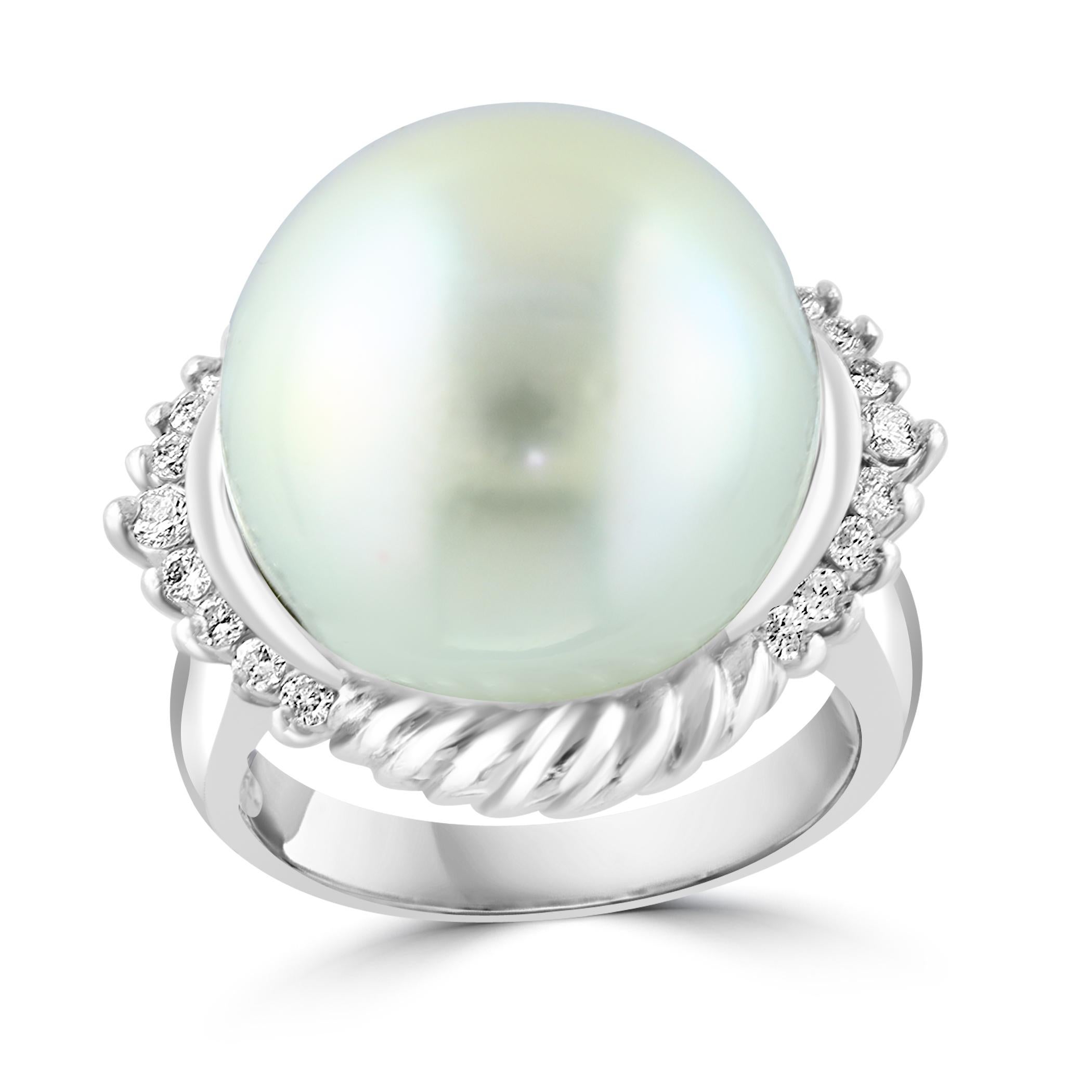16MM  Round White South Sea Pearl Diamond Platinum Halo Sunburst Ring For Sale 13