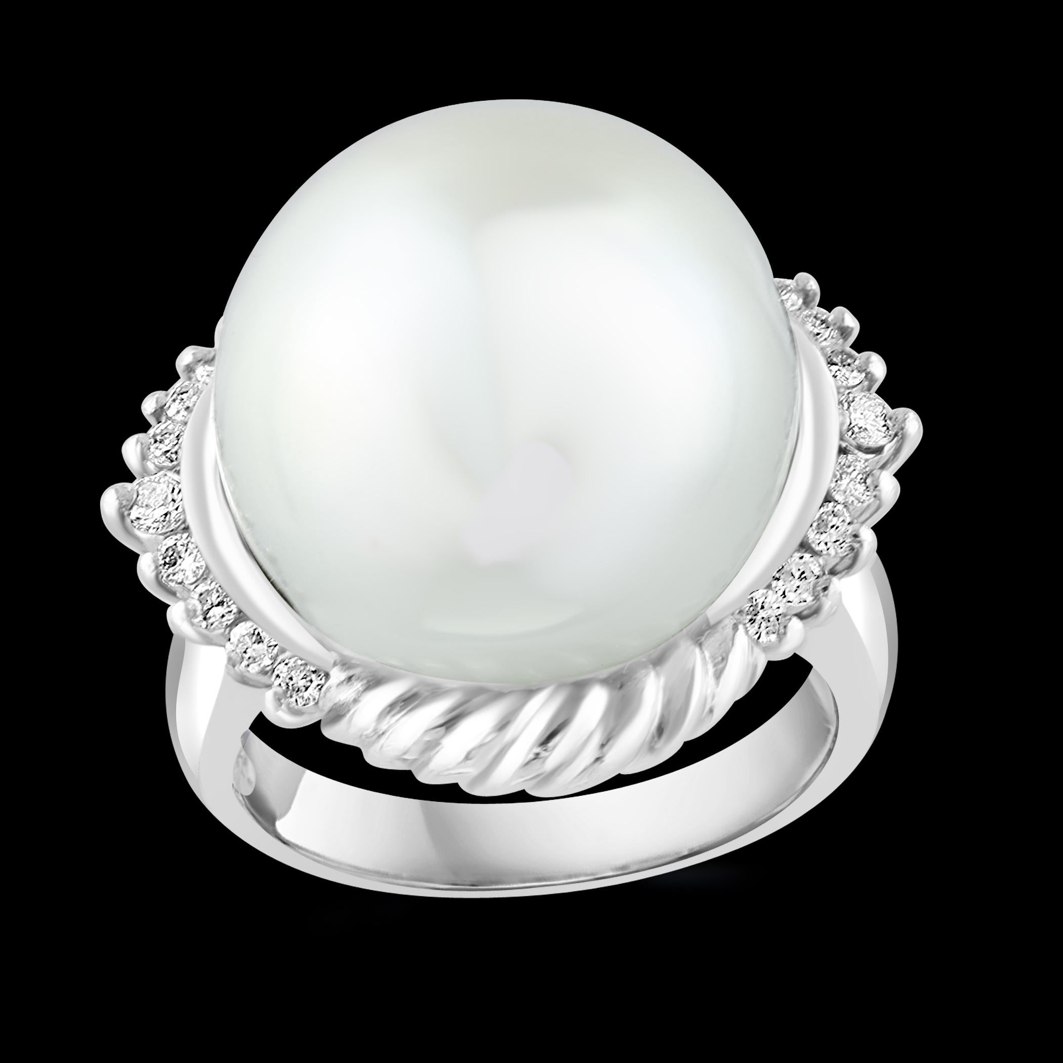 16MM  Round White South Sea Pearl Diamond Platinum Halo Sunburst Ring For Sale 14