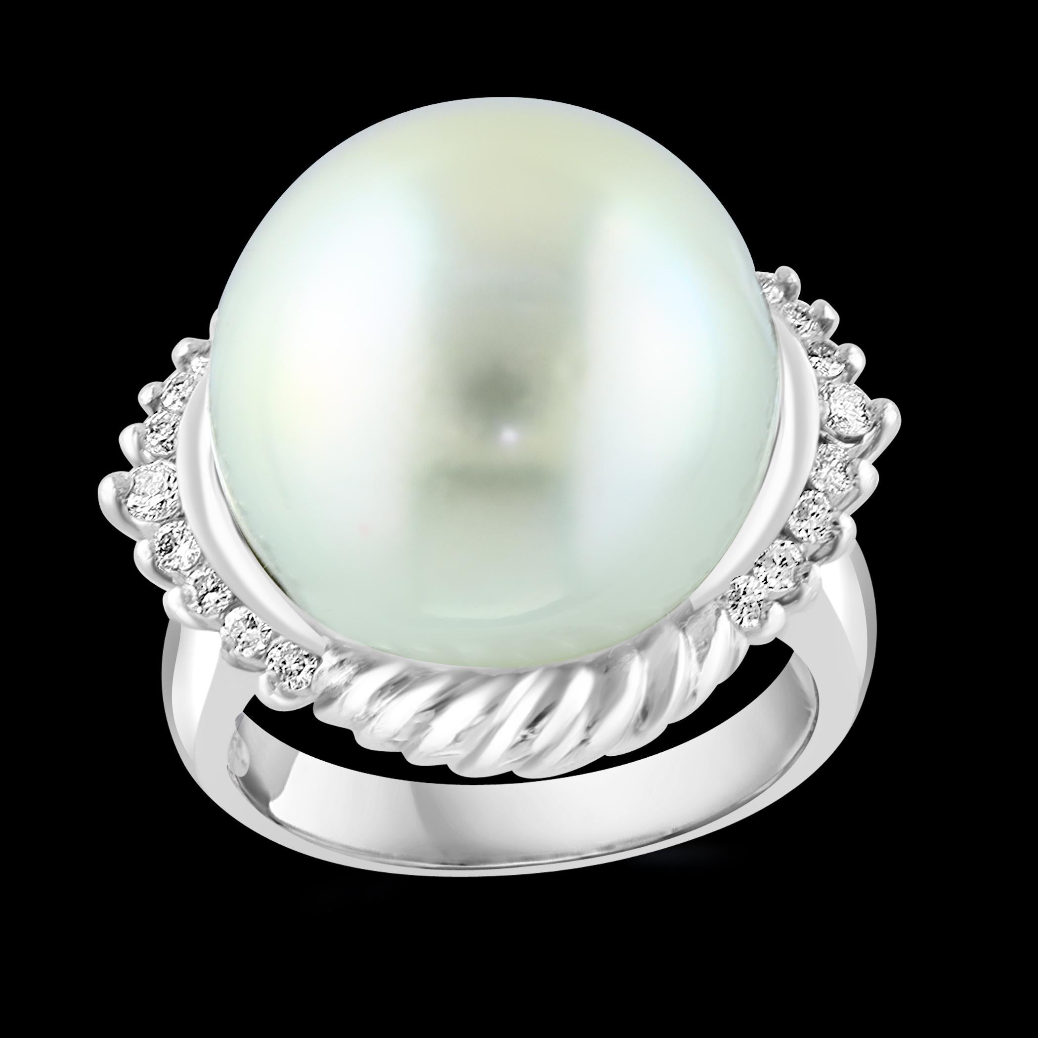 16MM  Round White South Sea Pearl Diamond Platinum Halo Sunburst Ring For Sale 15