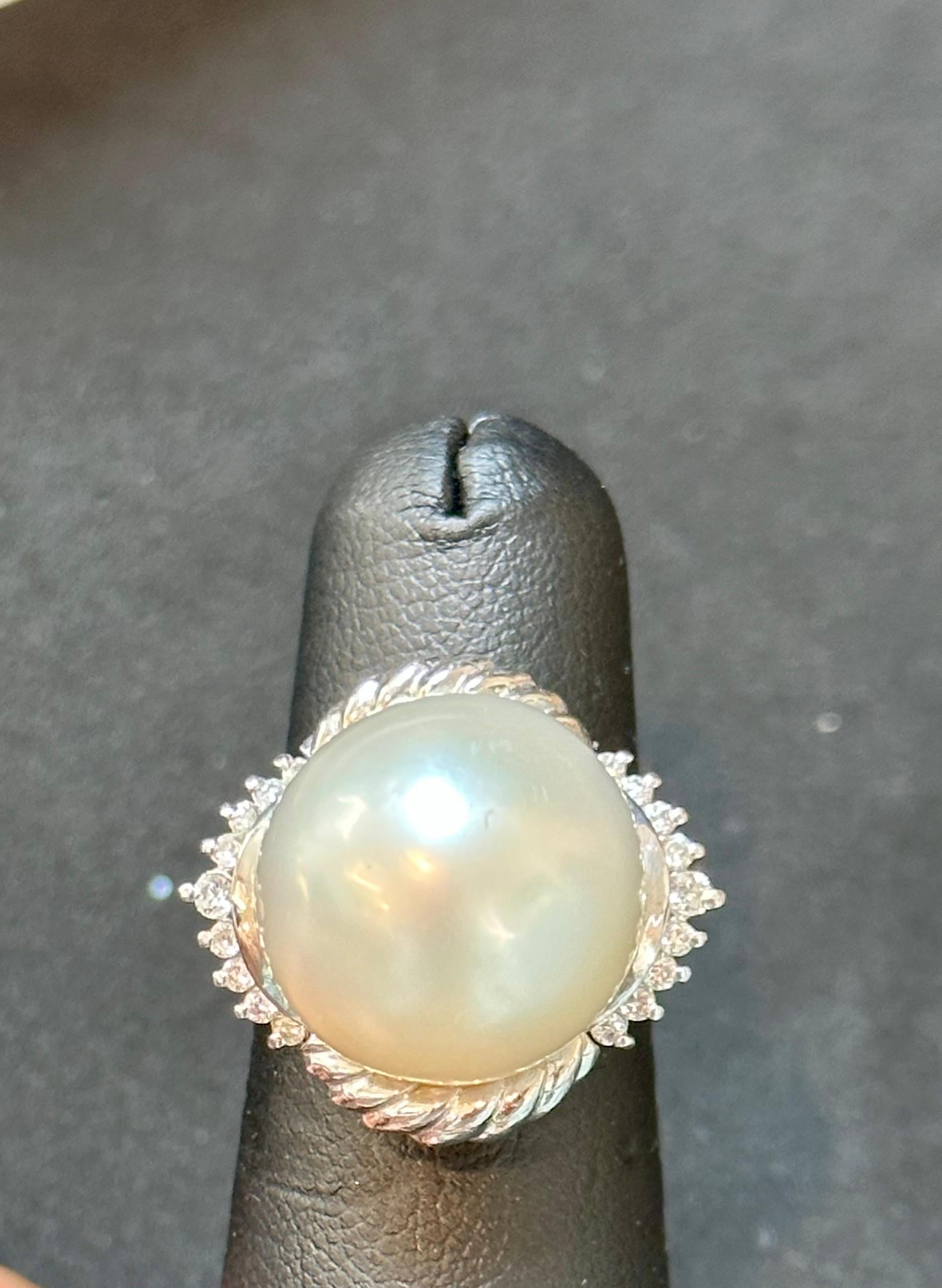 16MM  Round White South Sea Pearl Diamond Platinum Halo Sunburst Ring For Sale 3