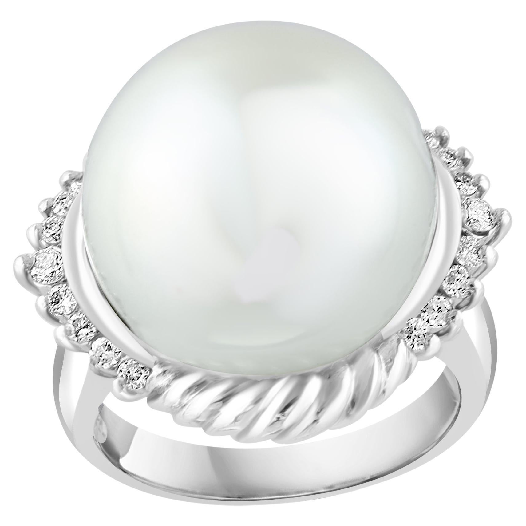 16MM  Round White South Sea Pearl Diamond Platinum Halo Sunburst Ring