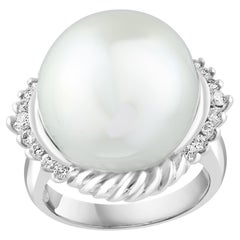 Retro 16MM  Round White South Sea Pearl Diamond Platinum Halo Sunburst Ring