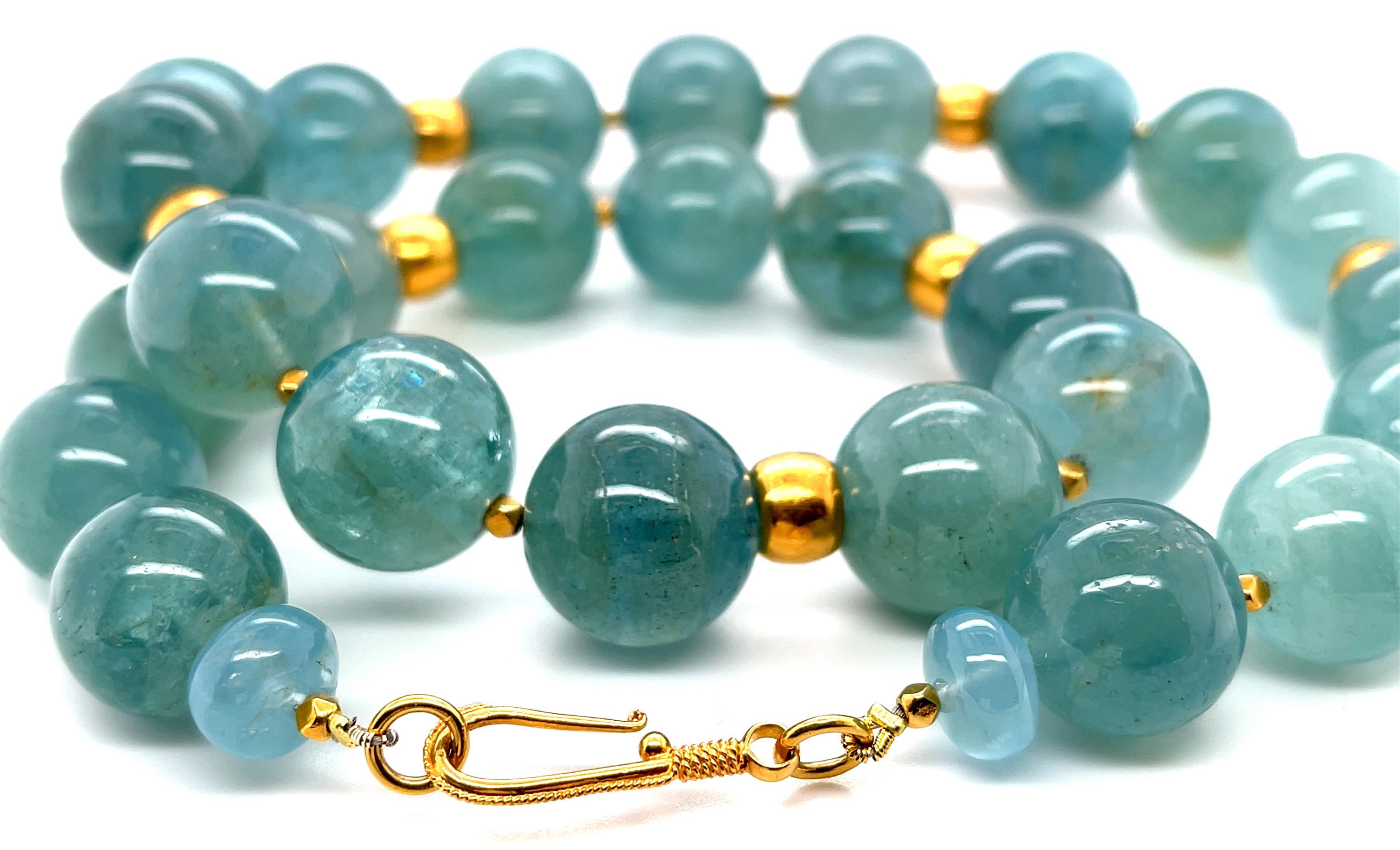 This stunning necklace features an impressive collection of large, 16mm round aquamarine beads with lovely, natural sea foam green color! The beads are beautifully matched, varying from pastel to deeper shades of a gorgeous and versatile color that