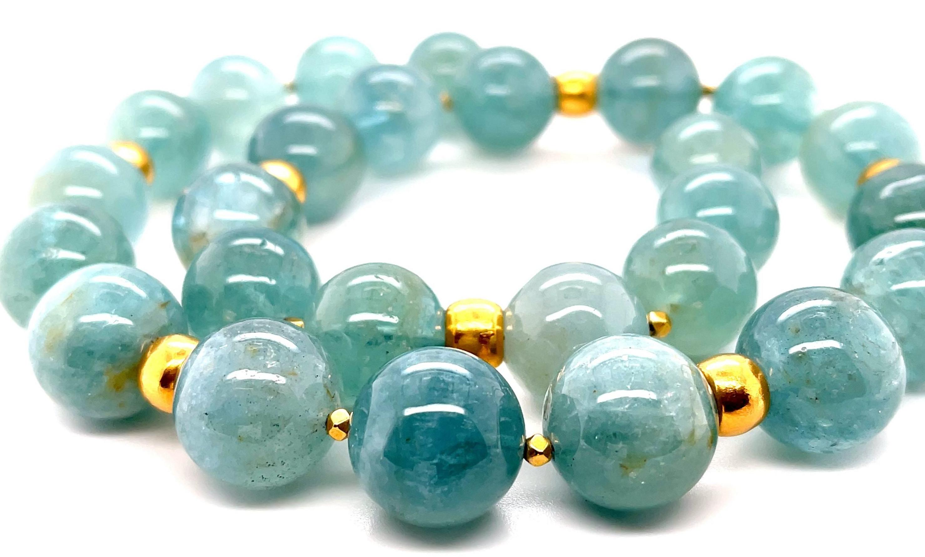 Artisan 16mm Sea Foam Green Aquamarine Bead and 18k Yellow Gold Necklace, 20 Inches For Sale