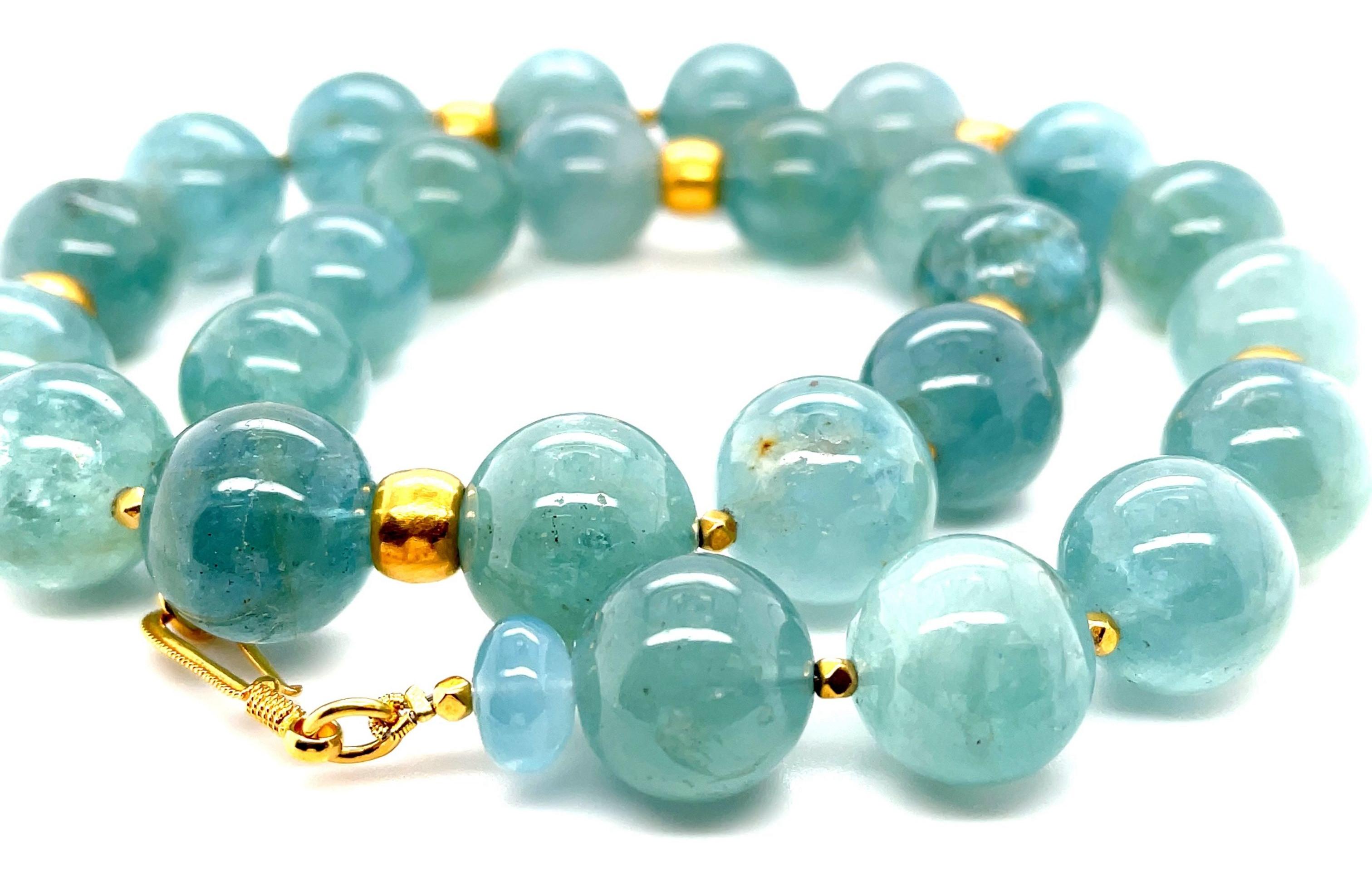Women's or Men's 16mm Sea Foam Green Aquamarine Bead and 18k Yellow Gold Necklace, 20 Inches For Sale