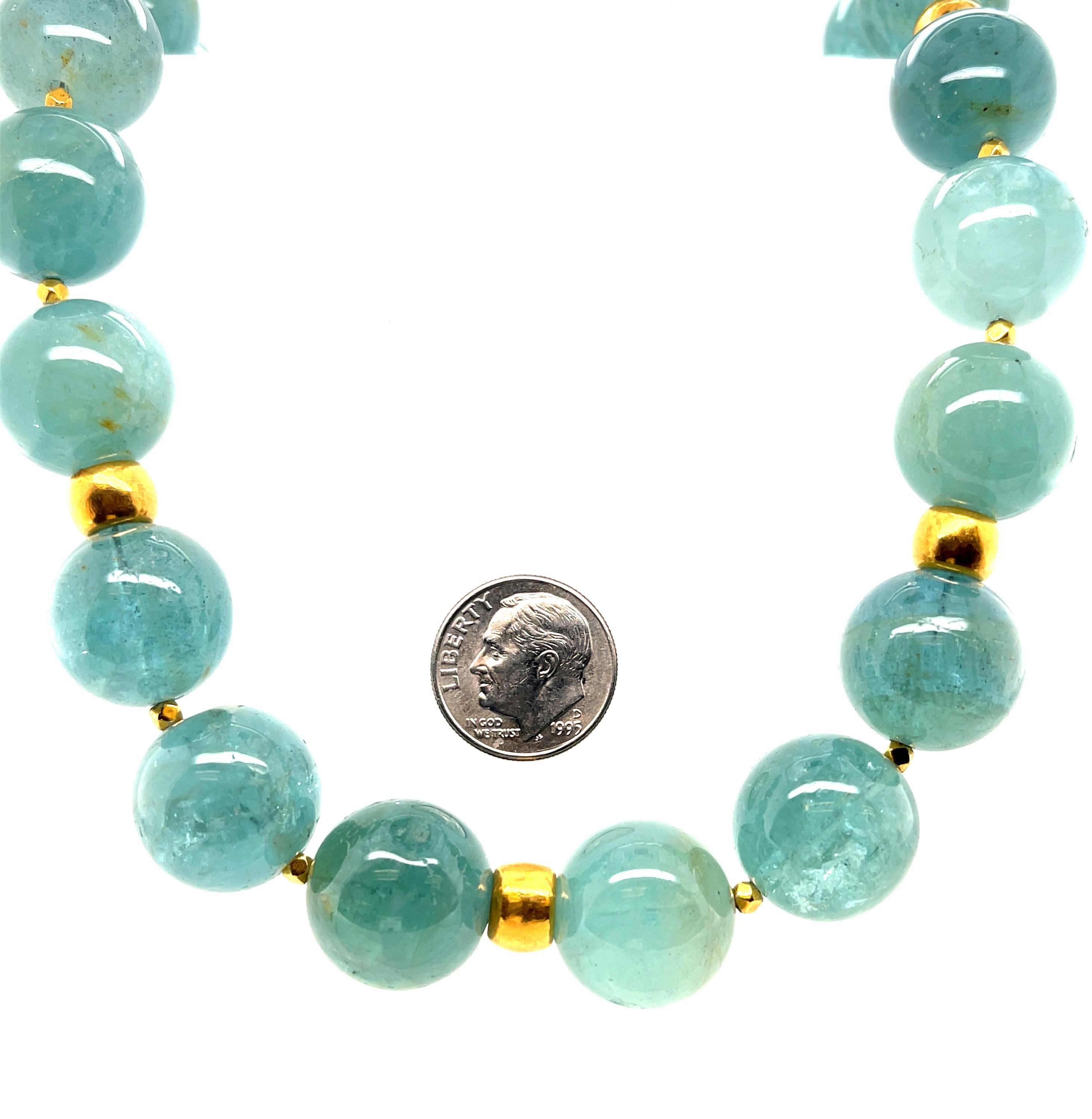 16mm Sea Foam Green Aquamarine Bead and 18k Yellow Gold Necklace, 20 Inches For Sale 1