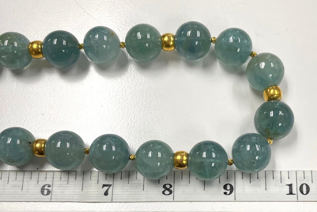 16mm Sea Foam Green Aquamarine Bead and 18k Yellow Gold Necklace, 20 Inches For Sale 2