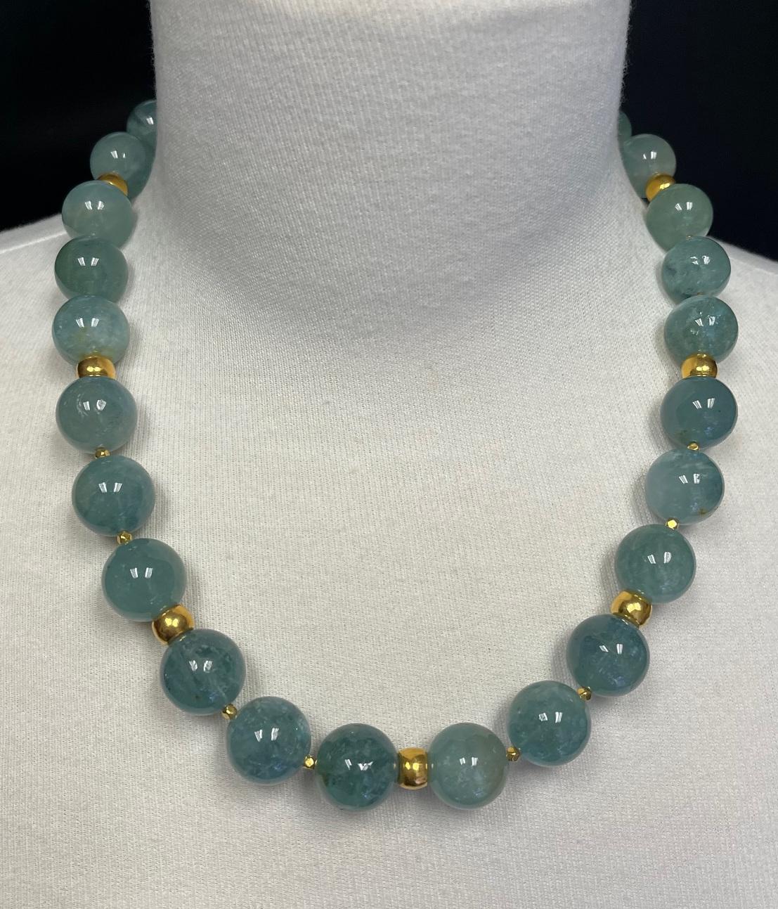 16mm Sea Foam Green Aquamarine Bead and 18k Yellow Gold Necklace, 20 Inches For Sale 3