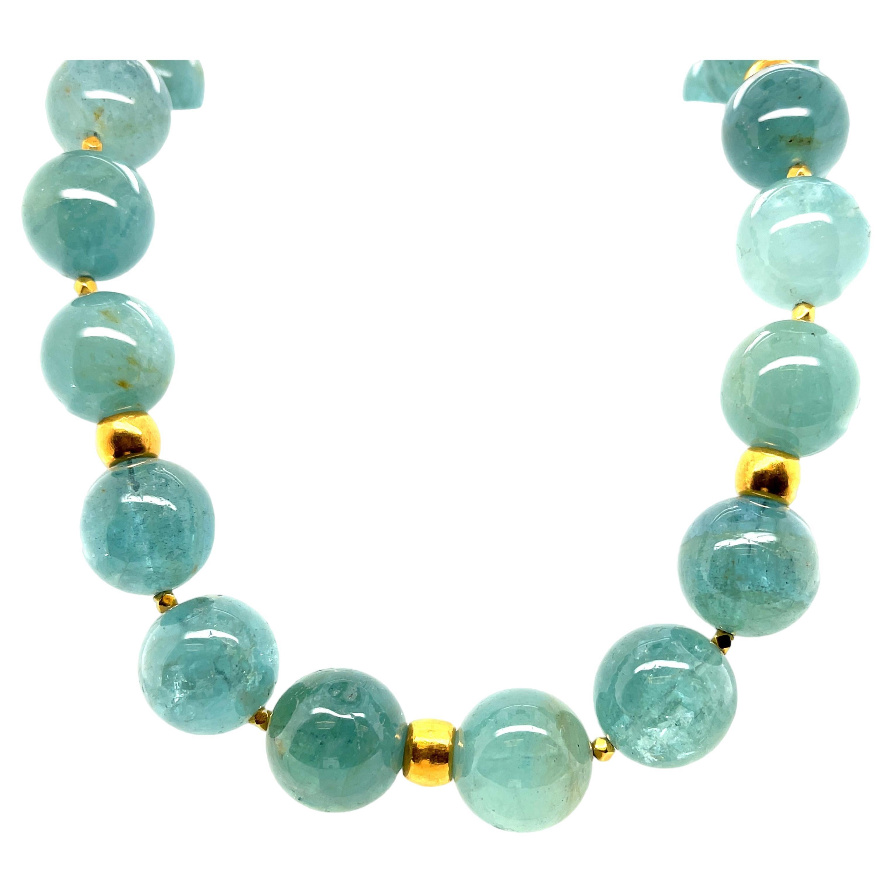 16mm Sea Foam Green Aquamarine Bead and 18k Yellow Gold Necklace, 20 Inches