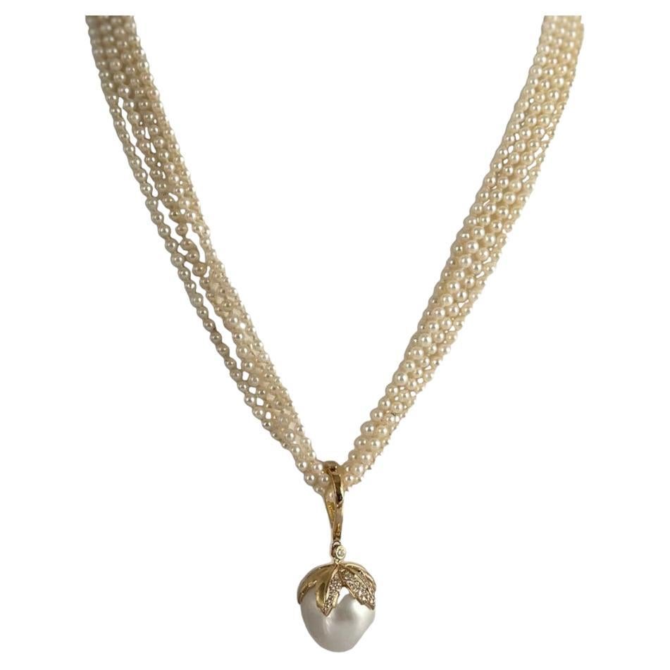 16mm South Sea Pearl and Diamond Pendant with Double Strand Pearl Necklace For Sale