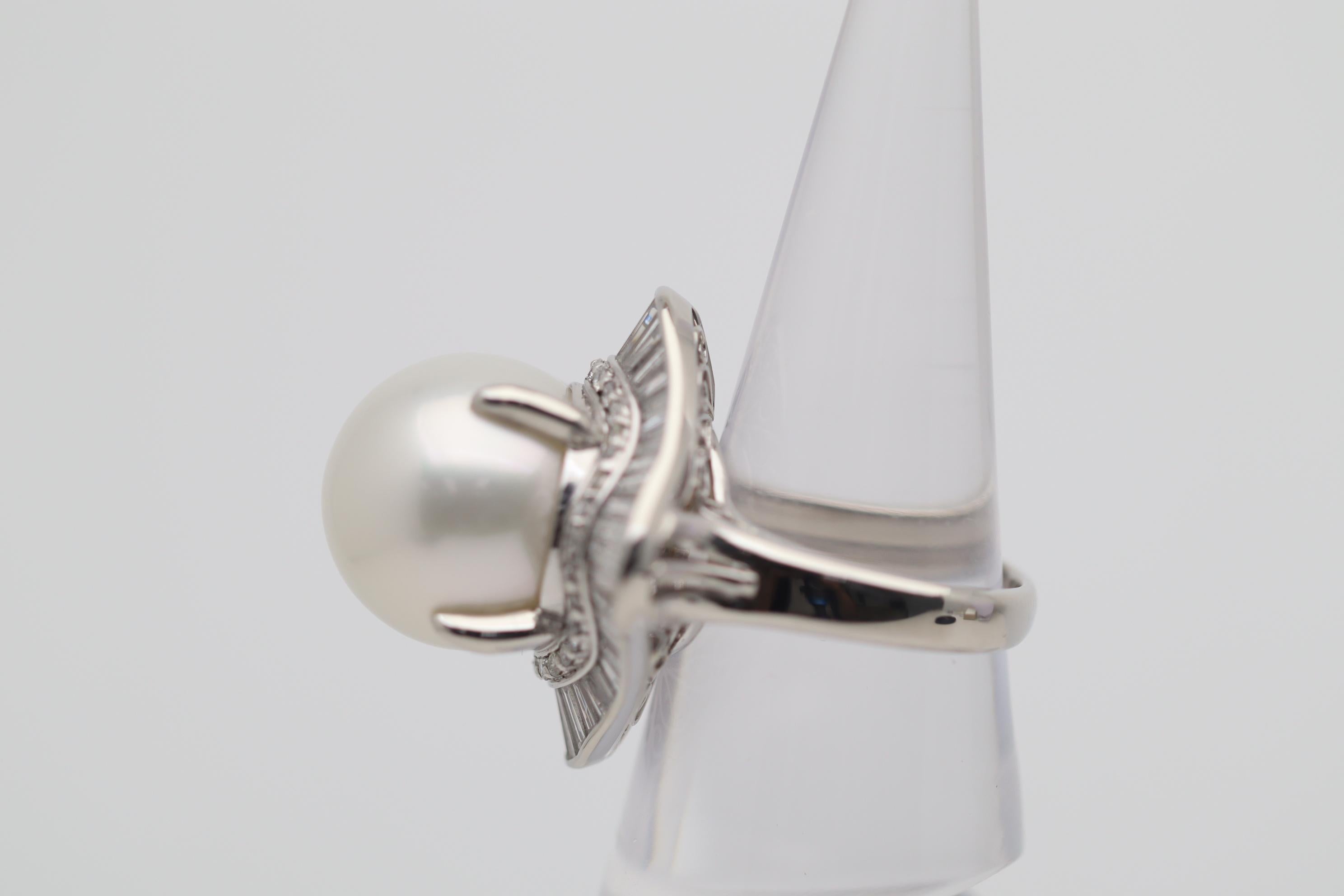 Women's 16mm South Sea Pearl Diamond Platinum Cocktail Ballerina Ring For Sale