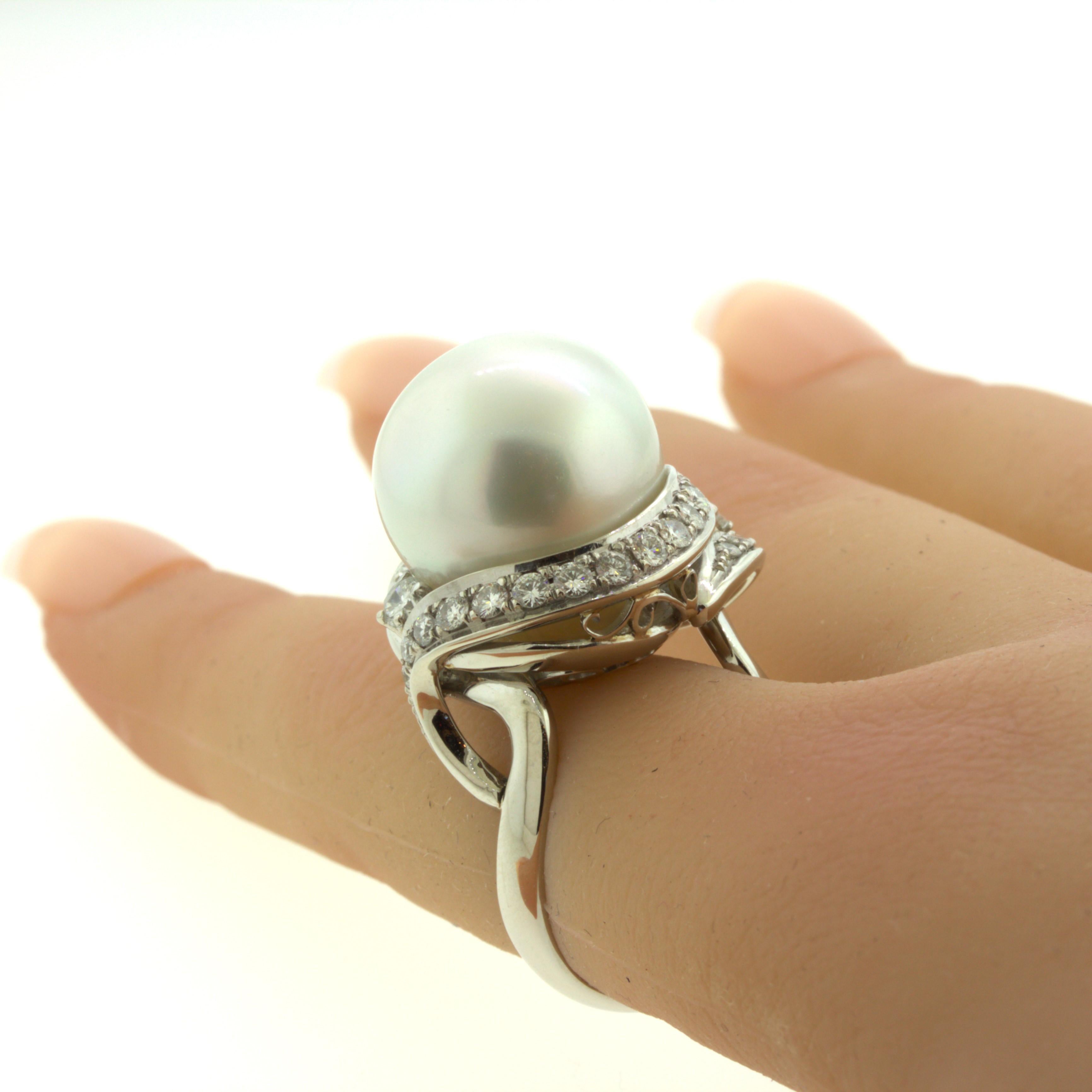 16MM South Sea Pearl Diamond Platinum Cocktail Ring For Sale 5