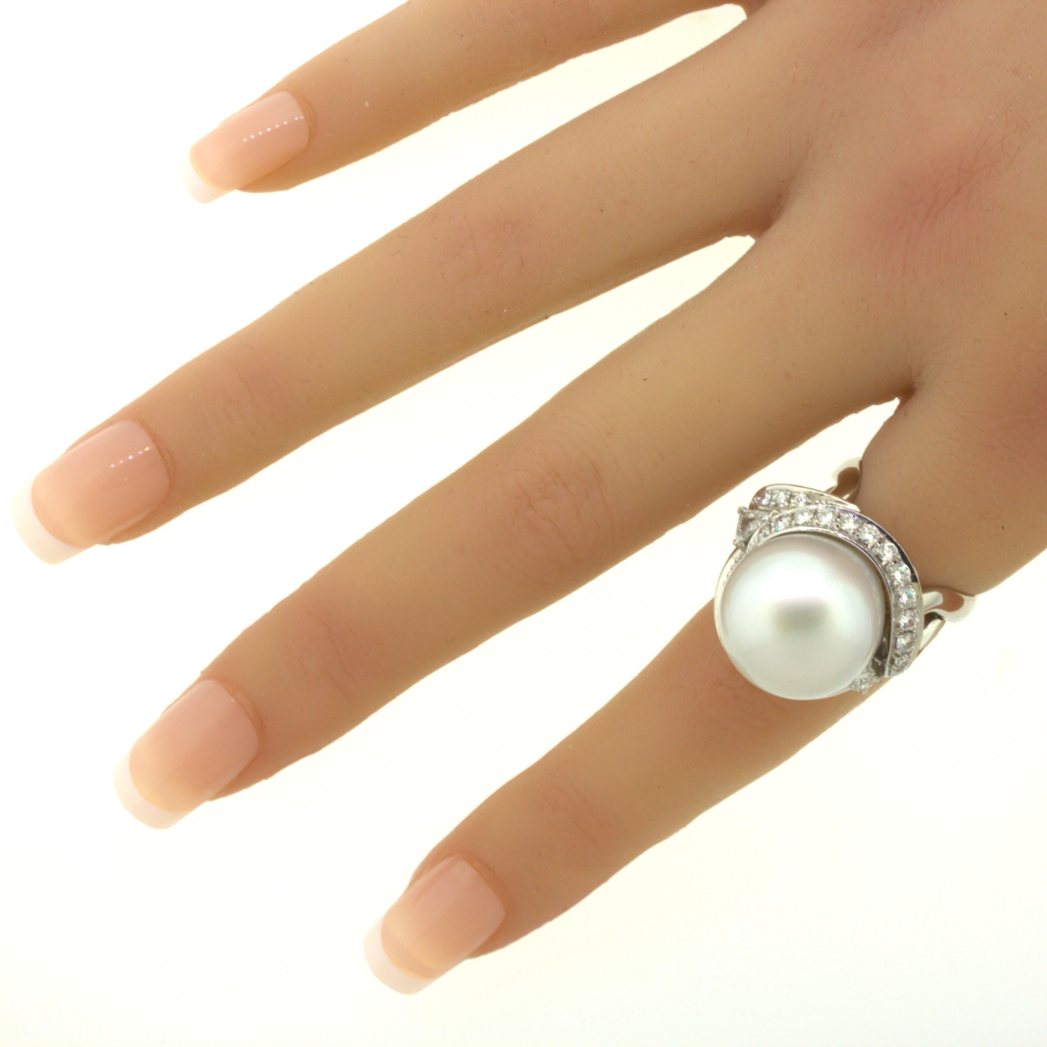 16MM South Sea Pearl Diamond Platinum Cocktail Ring For Sale 7
