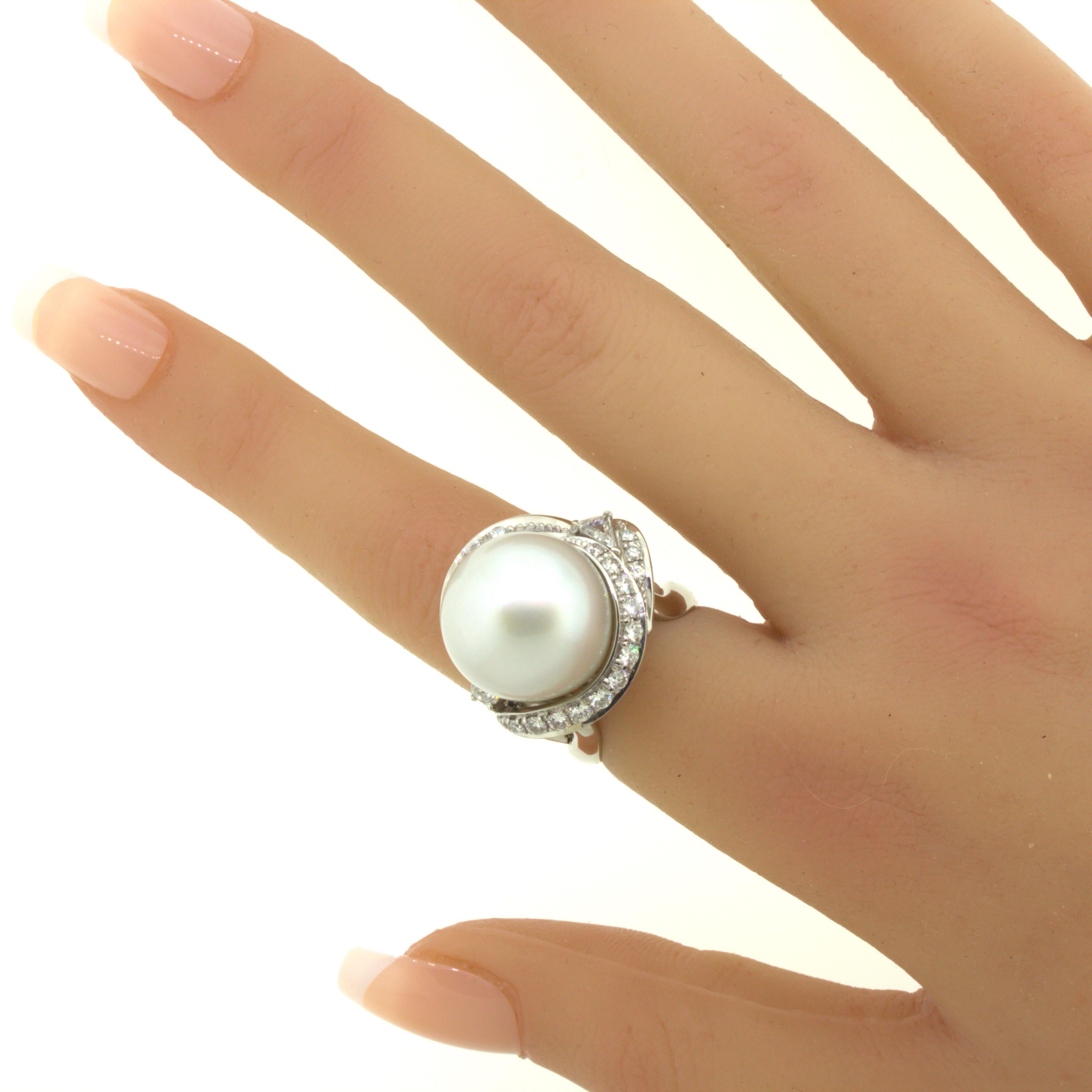 16MM South Sea Pearl Diamond Platinum Cocktail Ring For Sale 9