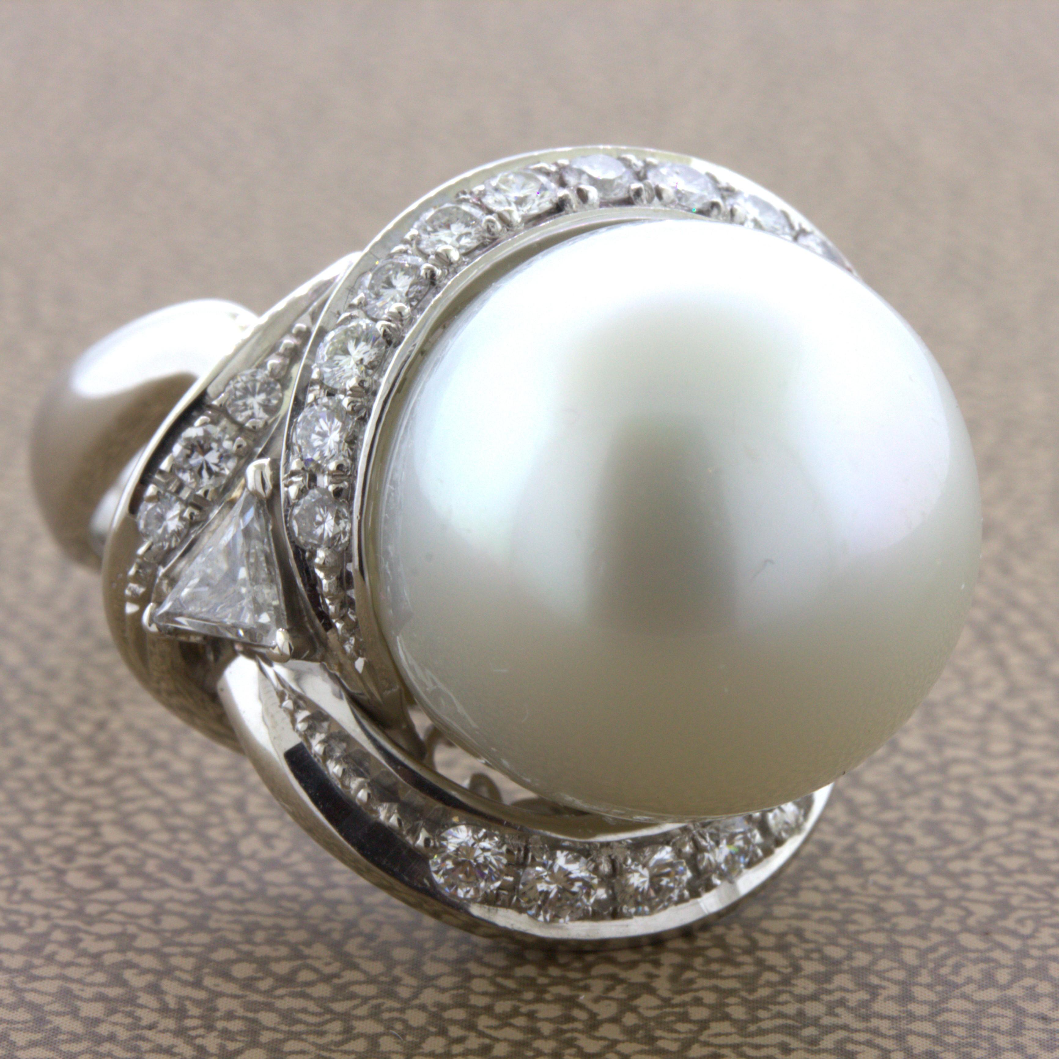 Round Cut 16MM South Sea Pearl Diamond Platinum Cocktail Ring For Sale