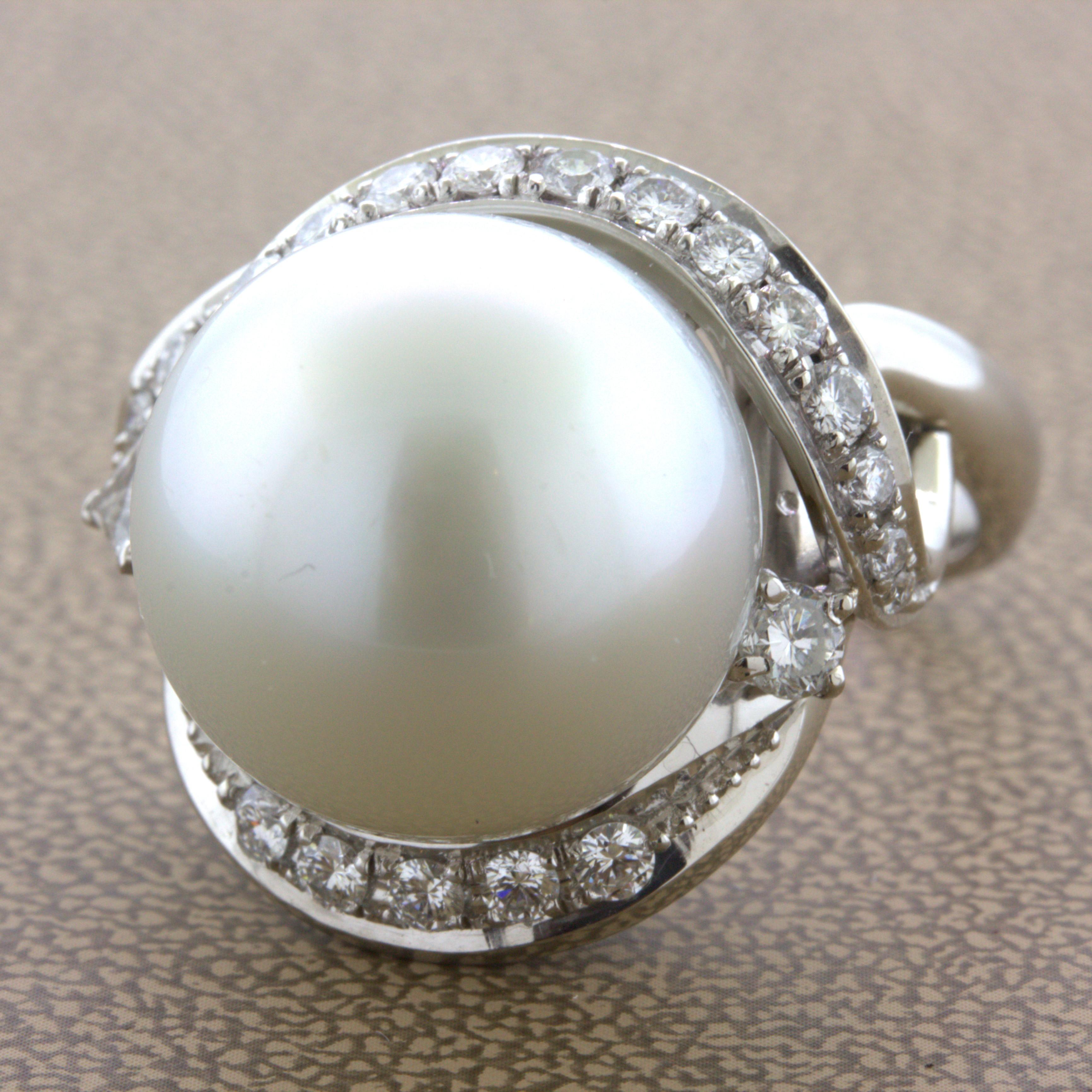 16MM South Sea Pearl Diamond Platinum Cocktail Ring In New Condition For Sale In Beverly Hills, CA