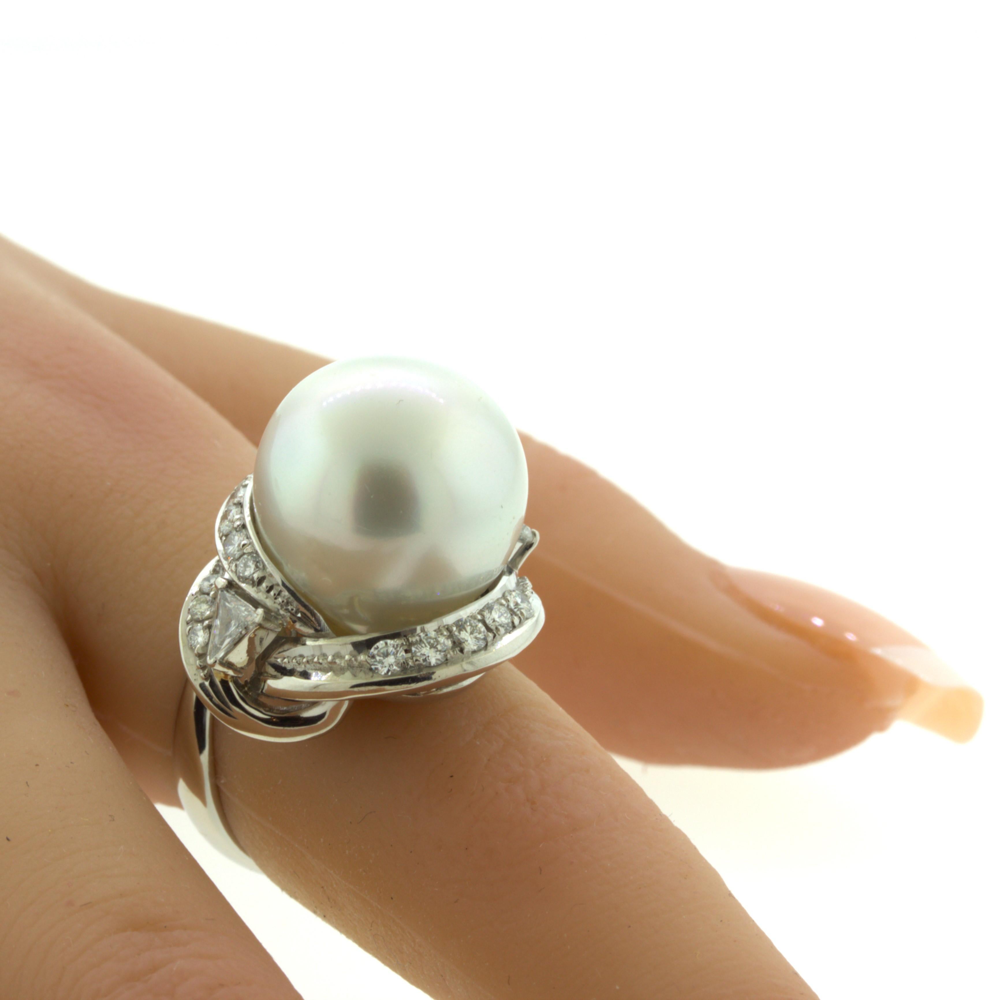 Women's 16MM South Sea Pearl Diamond Platinum Cocktail Ring For Sale