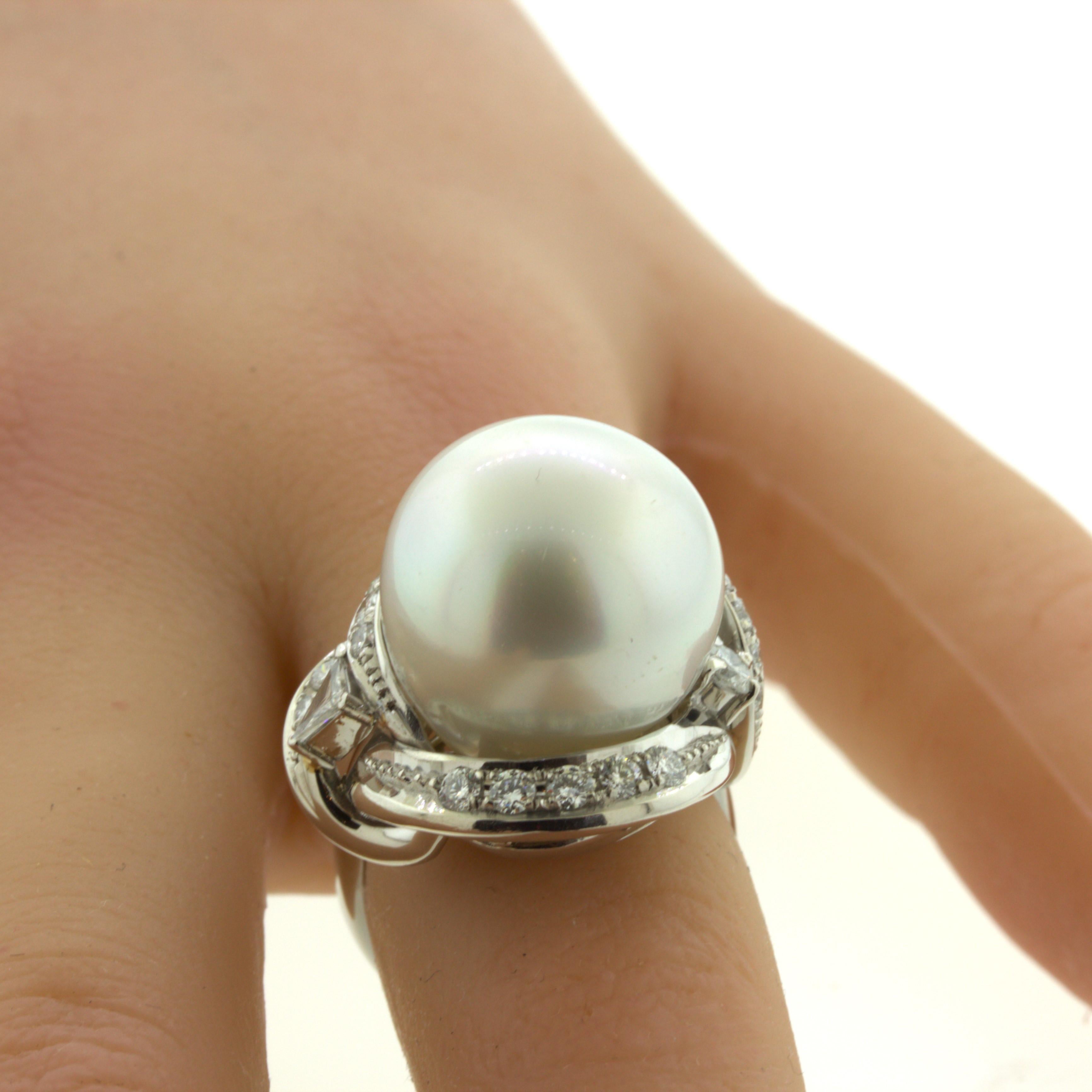 16MM South Sea Pearl Diamond Platinum Cocktail Ring For Sale 1
