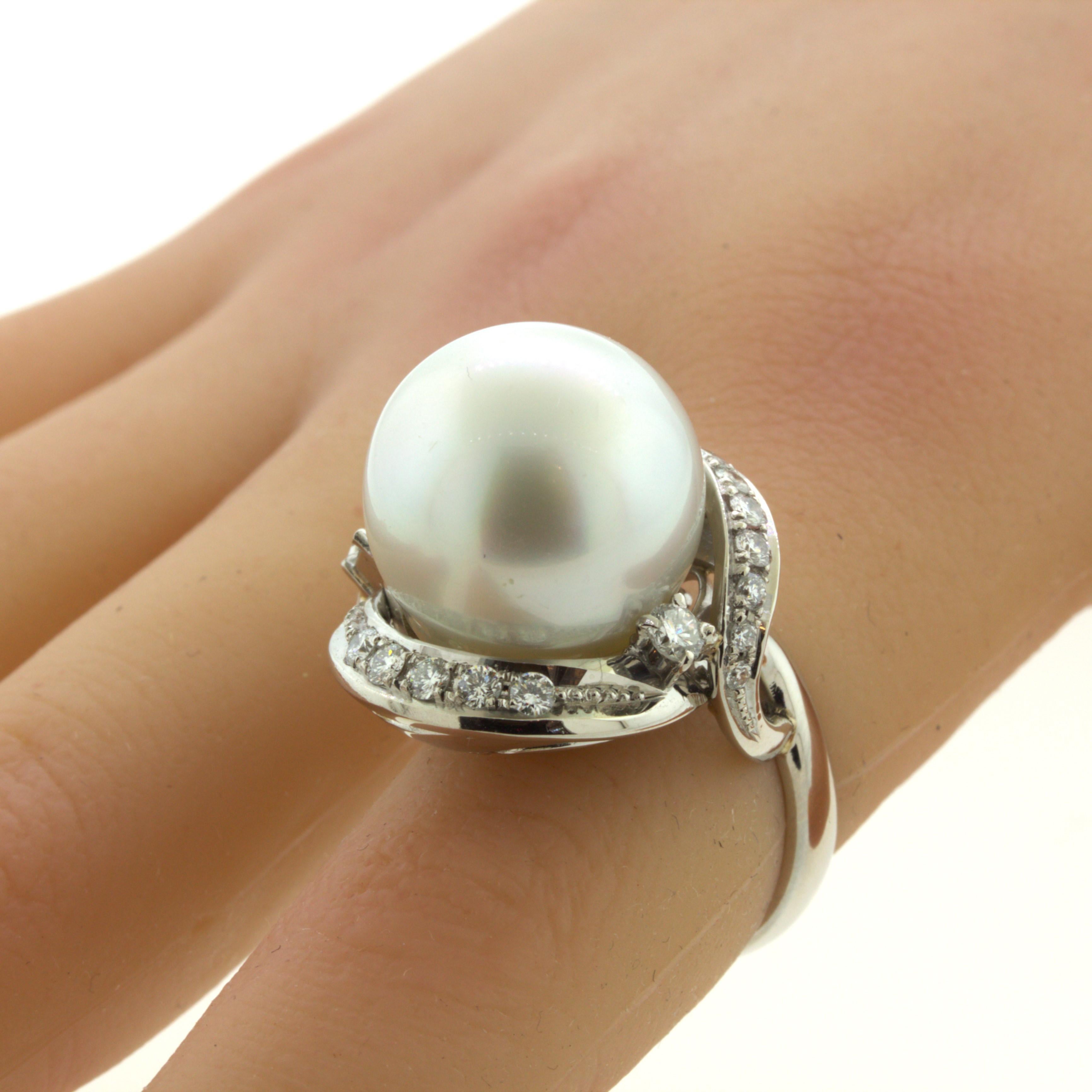 16MM South Sea Pearl Diamond Platinum Cocktail Ring For Sale 2